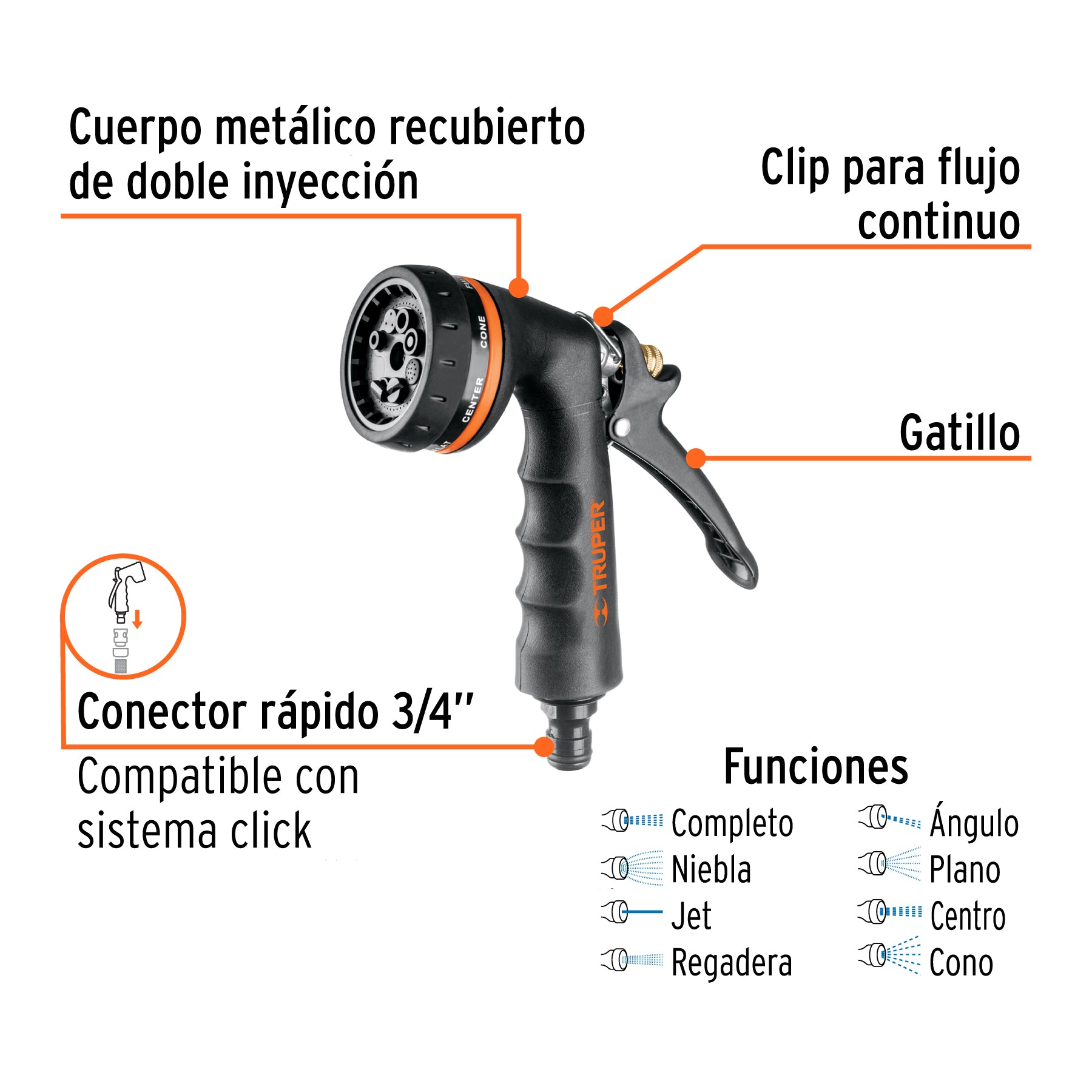 Pistola para riego de 8 funciones metálica con recubrimiento, Truper PR-208