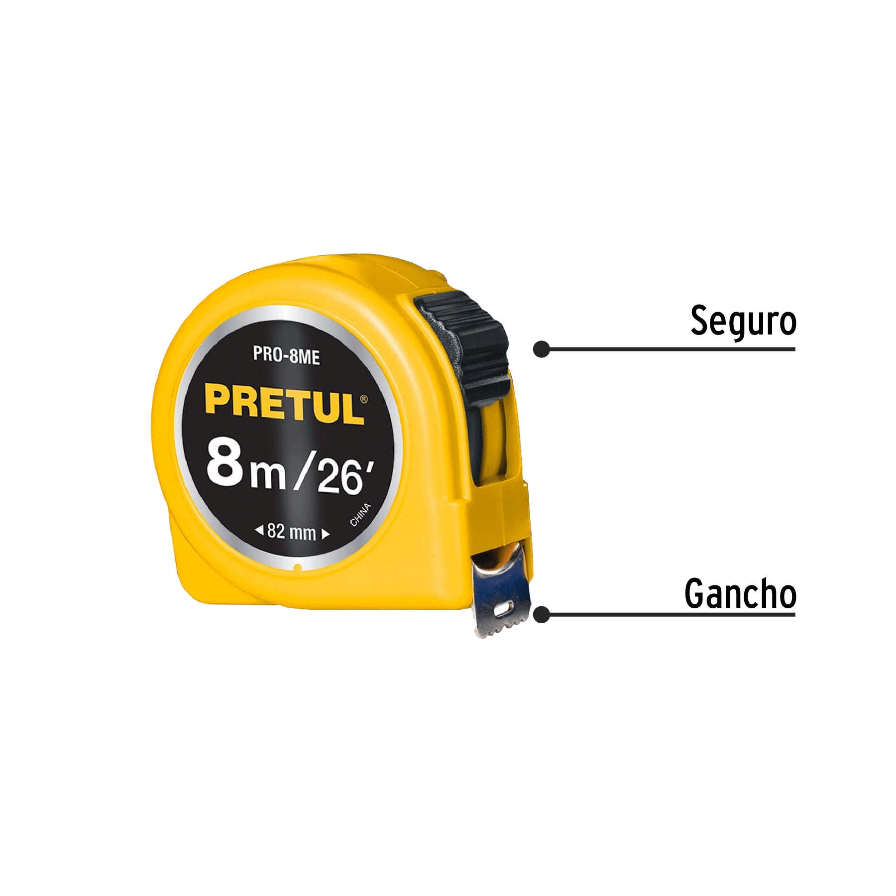 Pretul PRO-8ME, Flexómetro, amarillo, 8m, cinta 25 mm, Pretul, tarjeta plástica