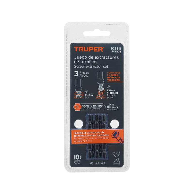 Juego de 3 Puntas Extractoras de Tornillos Truper PUNE-3 en Blíster - Carzamo.com
