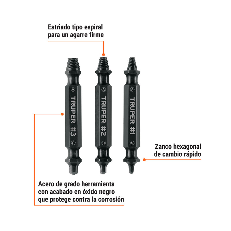 Juego de 3 Puntas Extractoras de Tornillos Truper PUNE-3 en Blíster - Carzamo.com