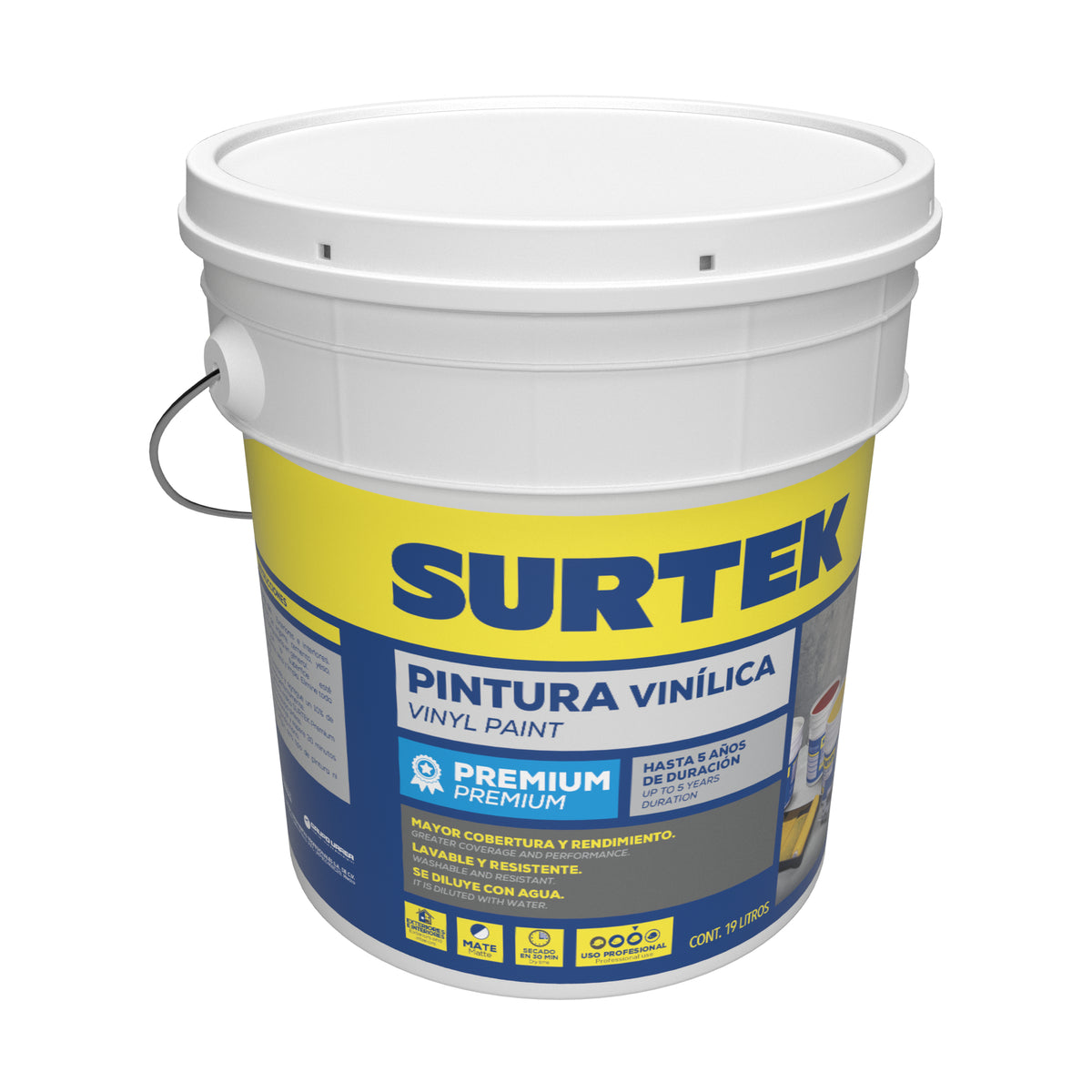 Cubeta de pintura vinílica premium 19 Lt color marfil Surtek