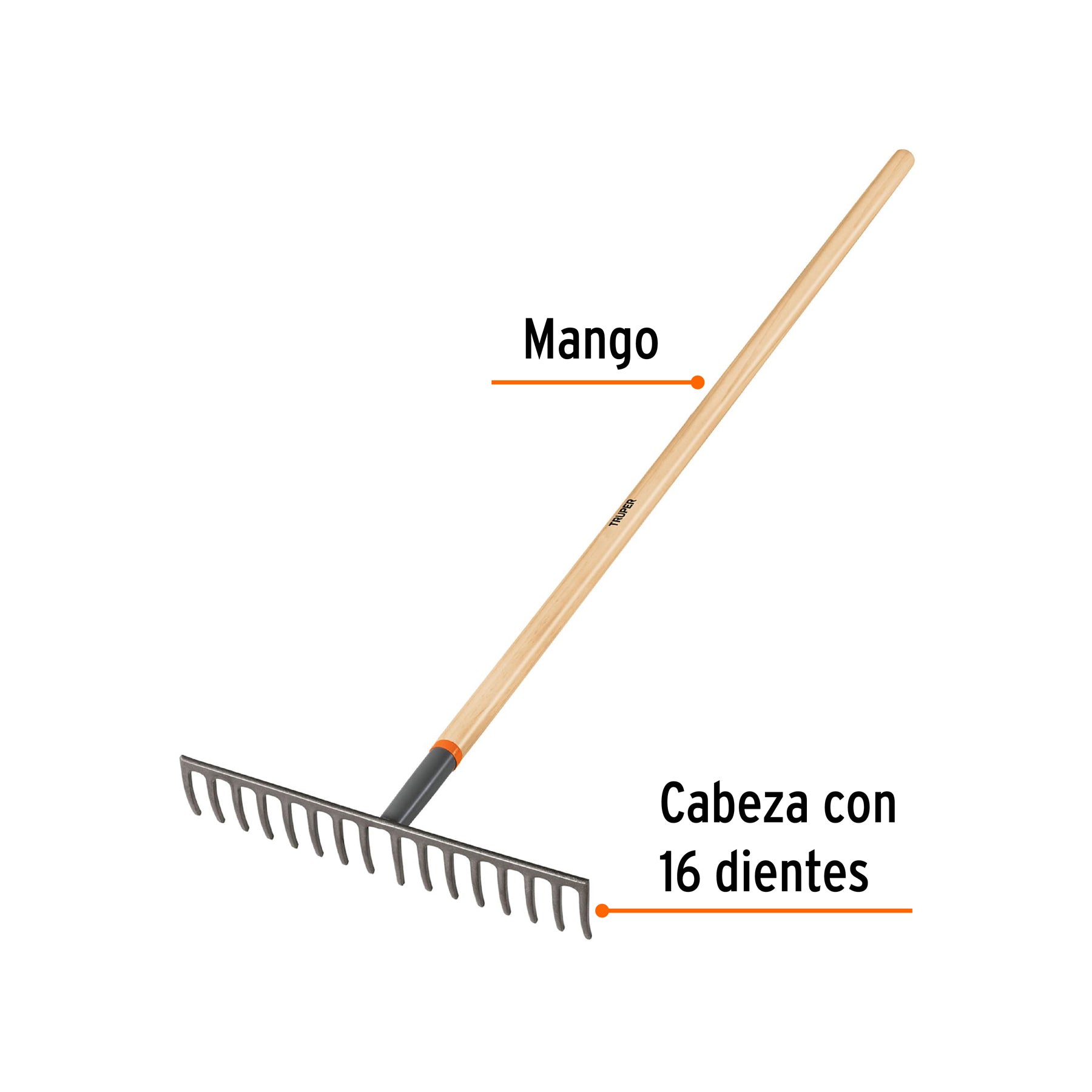 Truper R-16M, Rastrillo recto, 16 dientes, mango 60″