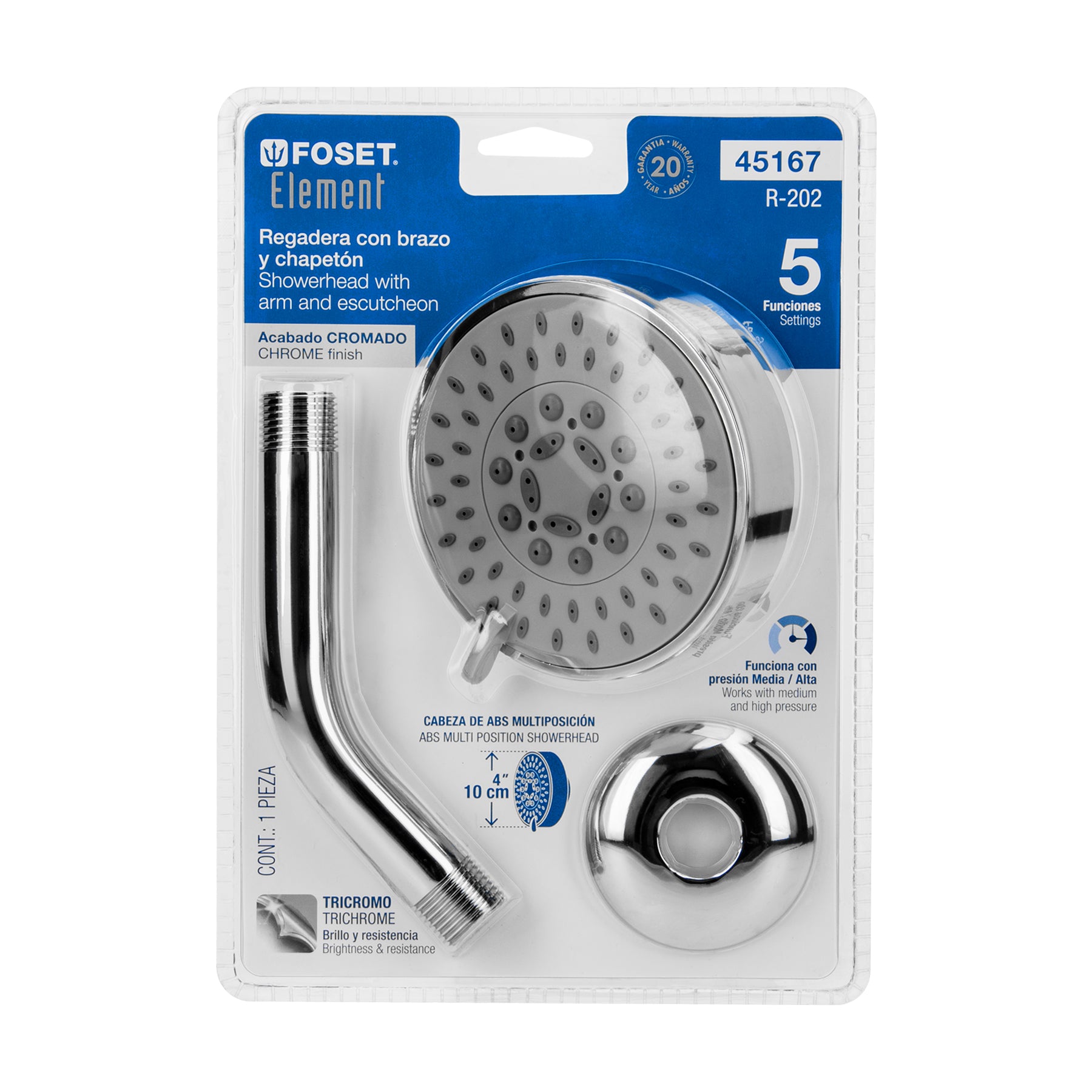Foset Element R-202, Regadera 5 funciones, con brazo, cromo, Element