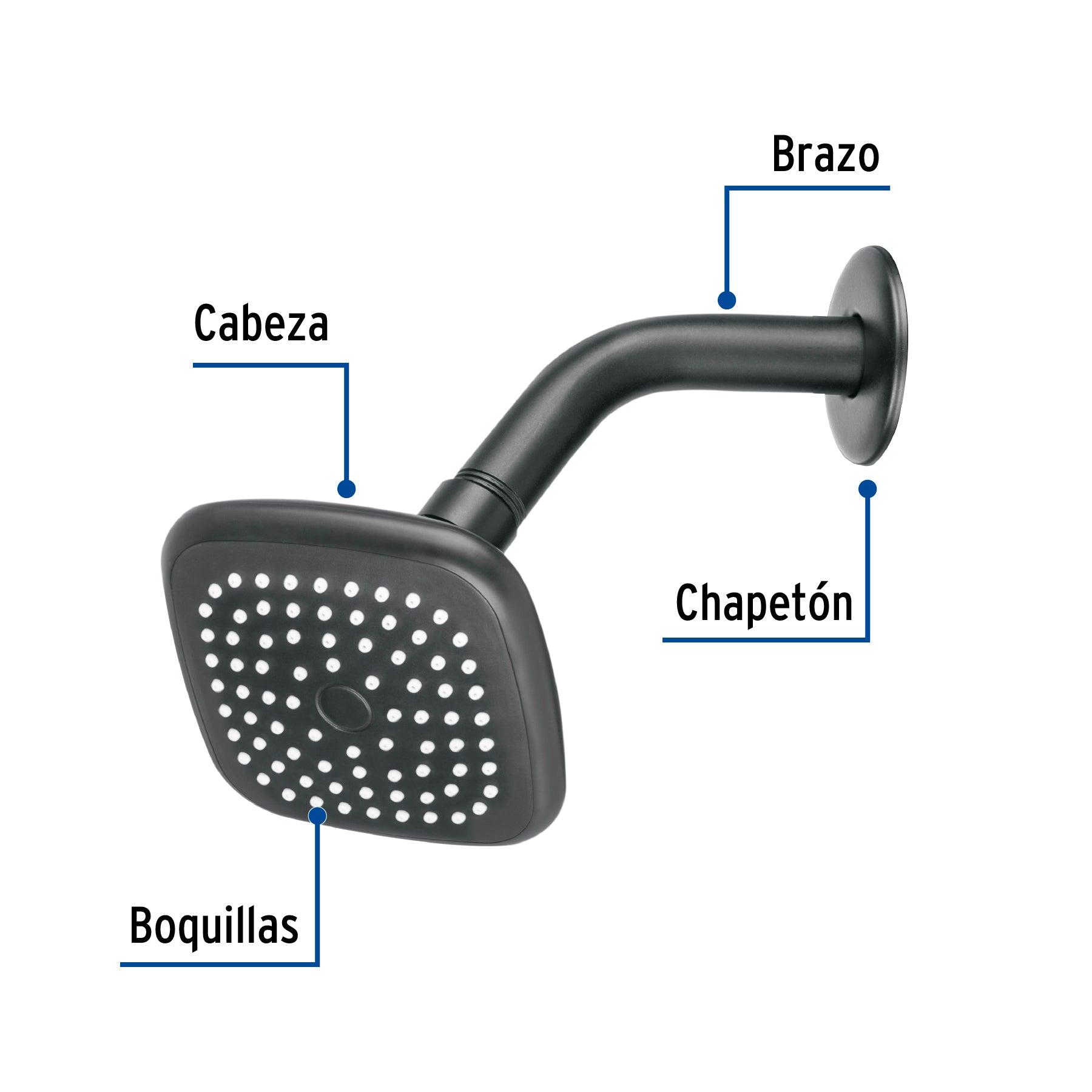 Foset Basic R-401M, Regadera cuadrada 3-3/4″ con brazo y chapetón color negro