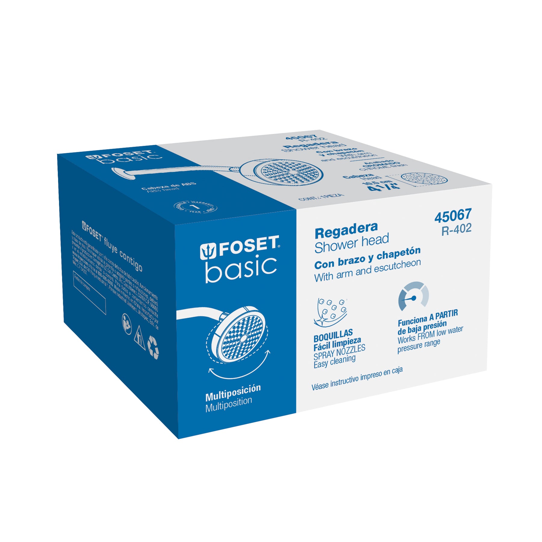 Foset Basic R-402, Regadera redonda 4-1/4″ brazo y chapetón de acero