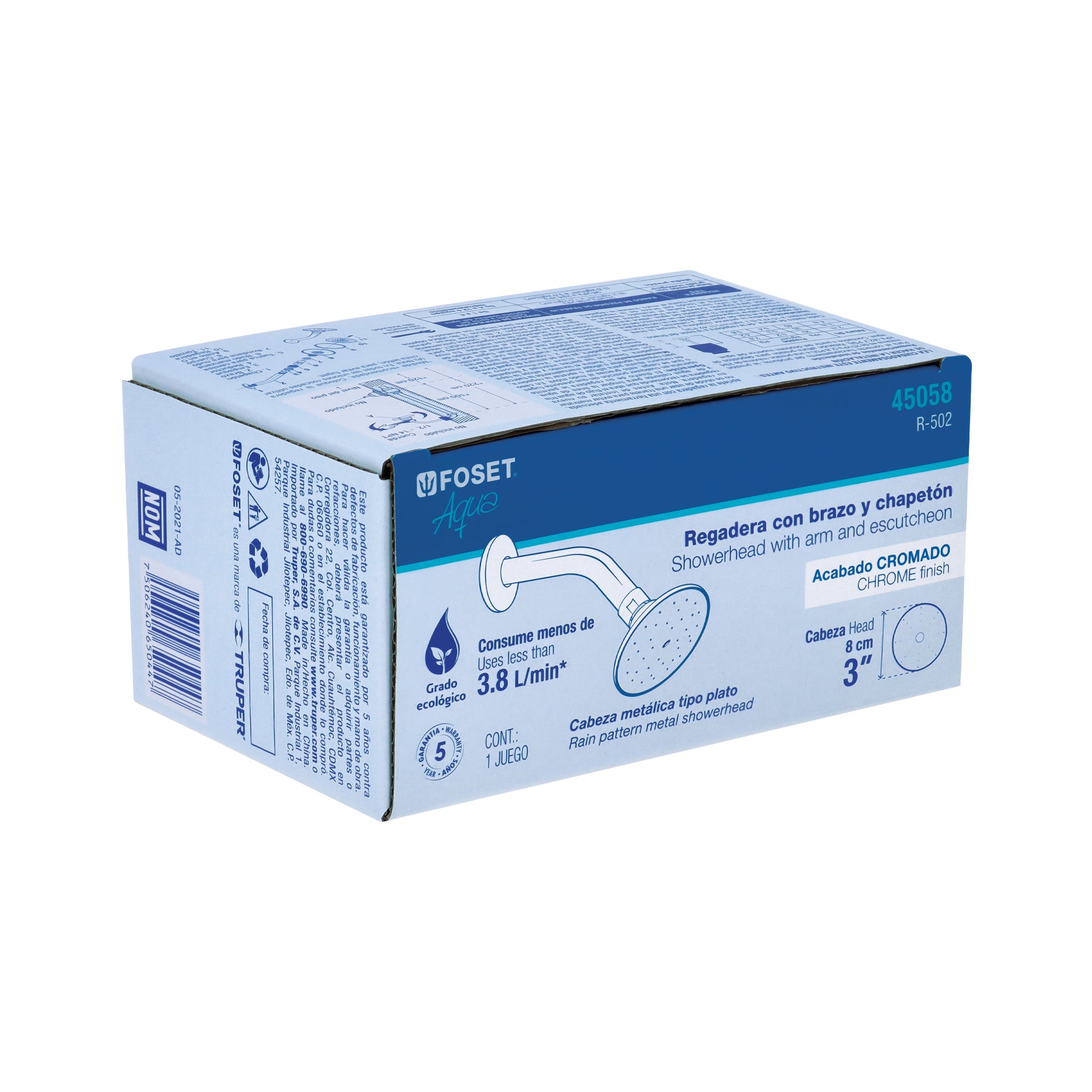 Foset Aqua R-502, Regadera redonda 3″ brazo y chapetón de acero