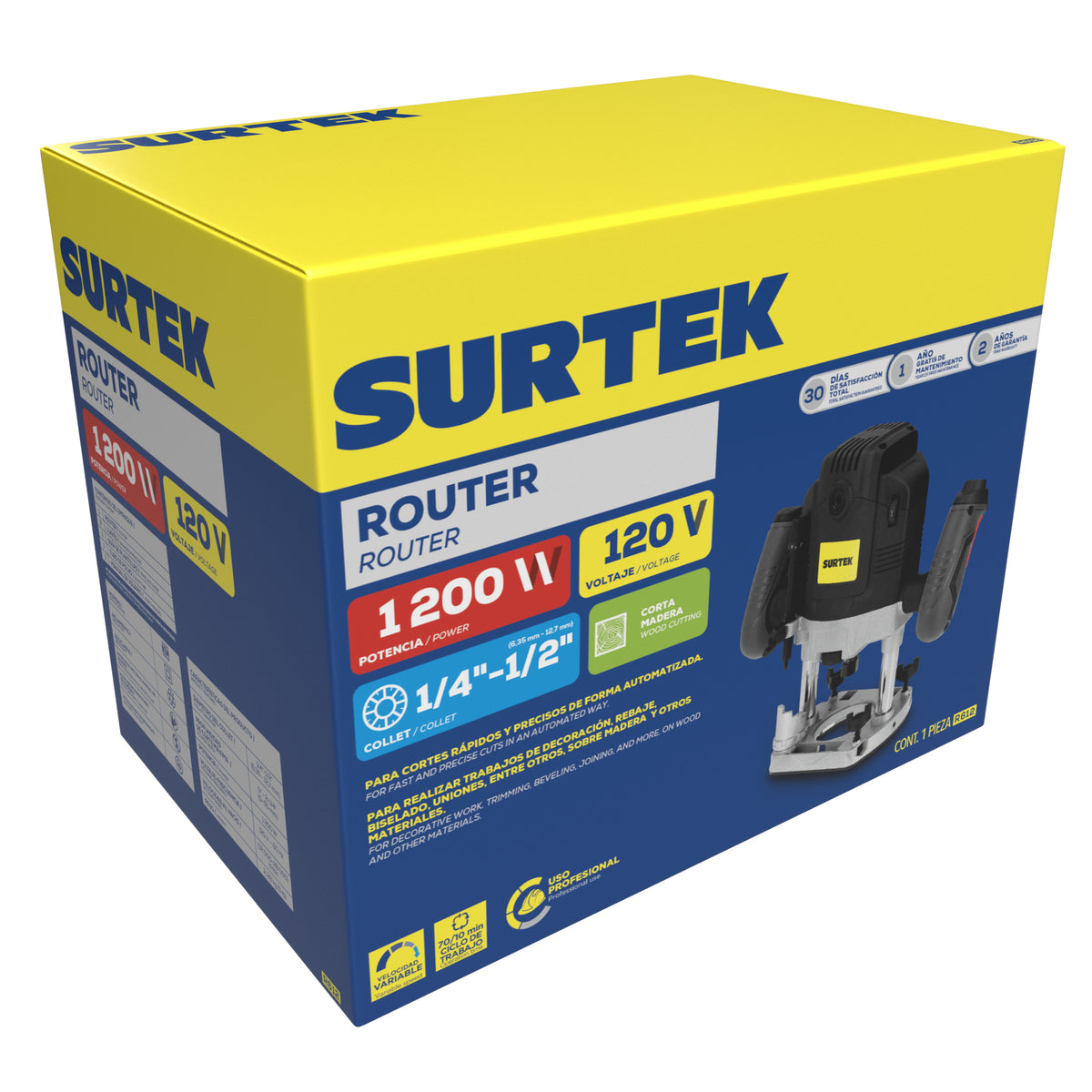 Router 1/4"-1/2" 1200 W 120 V, 1200-30000 RPM Surtek