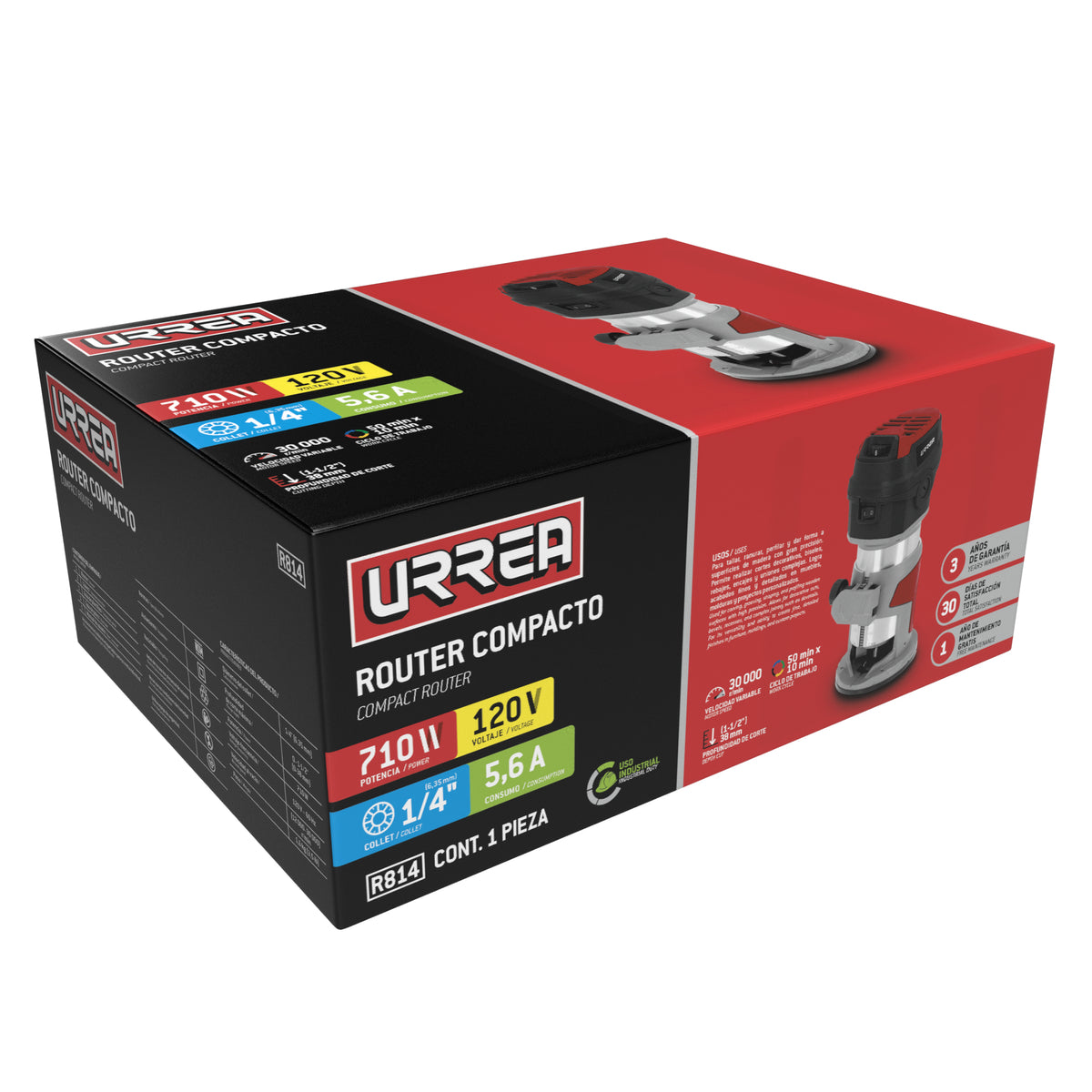 Router 1/4" 710 W 120 V, 12000-30000 RPM, compacto Urrea