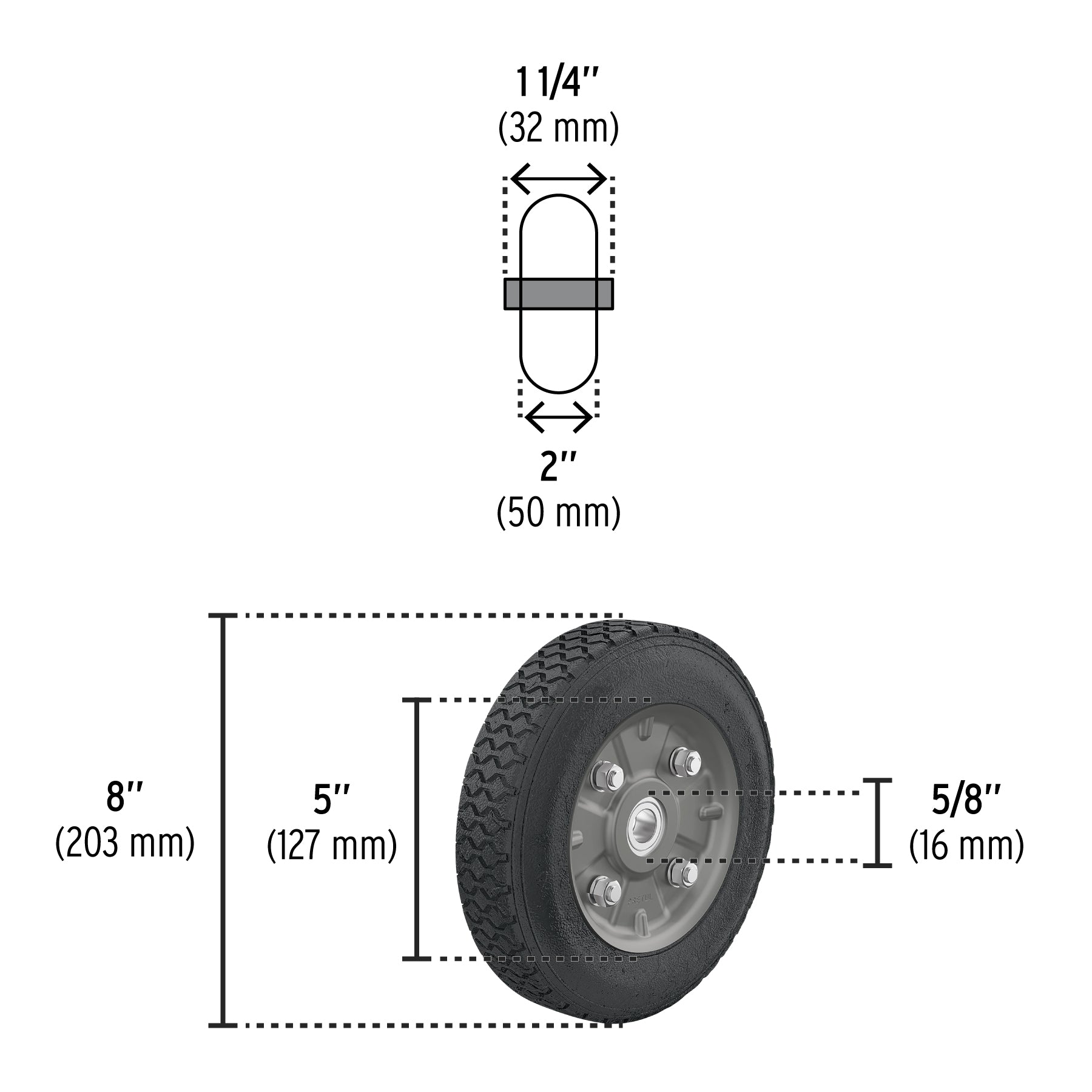 Fiero RD-82, Rueda para diablo de hule sólido 8″, doble balero, 1 pieza