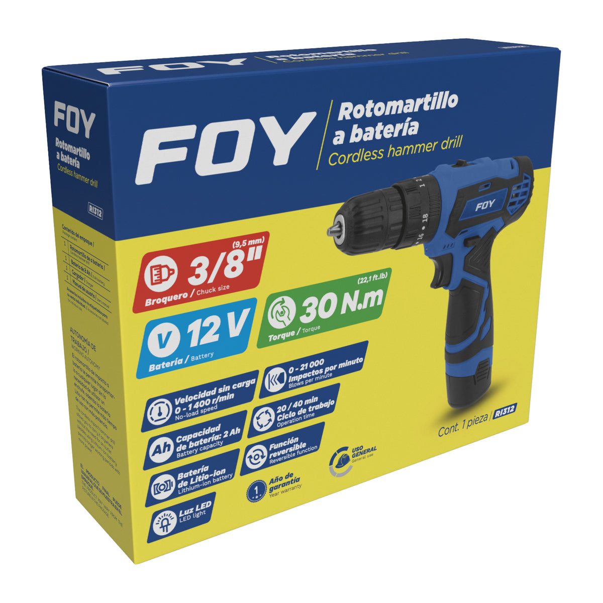 Rotomartillo de impacto 3/8" a batería Litio-ion 12 V, 30 Nm Foy
