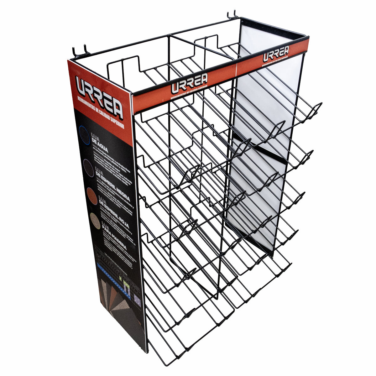 Rack despachador de mostrador y panel perforado para lijas, 10 charolas, 65 cm x 50 cm Urrea