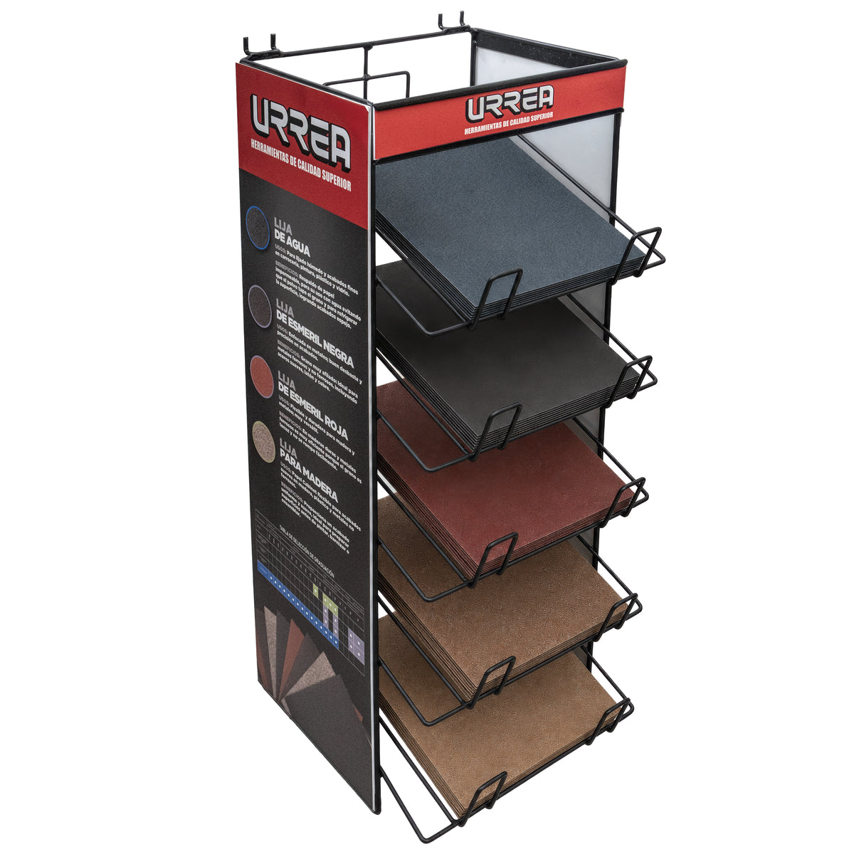 Rack despachador de mostrador y panel perforado para lijas, 5 charolas, 26 cm x 30 cm Urrea