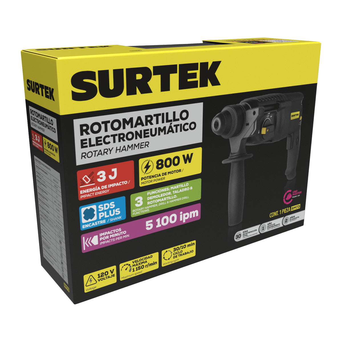 Rotomartillo electroneumático SDS Plus 800W, 120V, 3J, 0-1150RPM Surtek