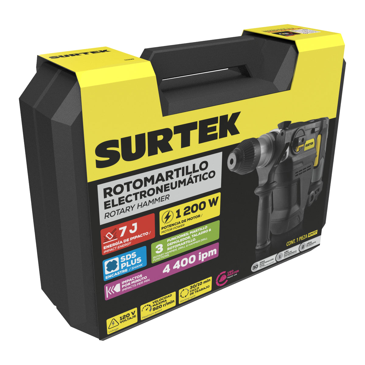 Rotomartillo electroneumático SDS Plus 1200W, 120V, 7J, 4400RPM Surtek