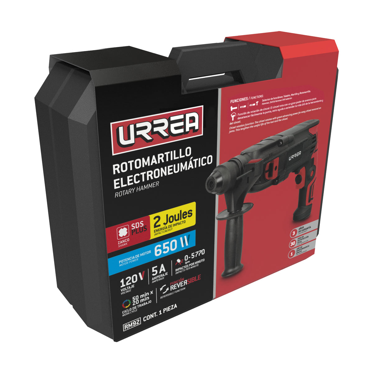 Rotomartillo electroneumático SDS Plus 600 W, 120 V, 2J, 0-2200 RPM Urrea