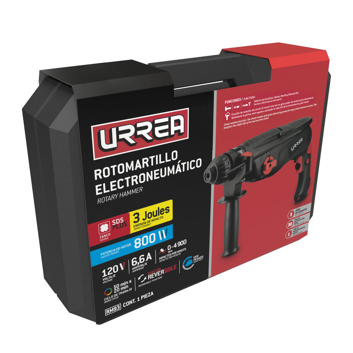 Rotomartillo electroneumático SDS Plus 800 W, 120 V, 3J, 0-1100 RPM Urrea