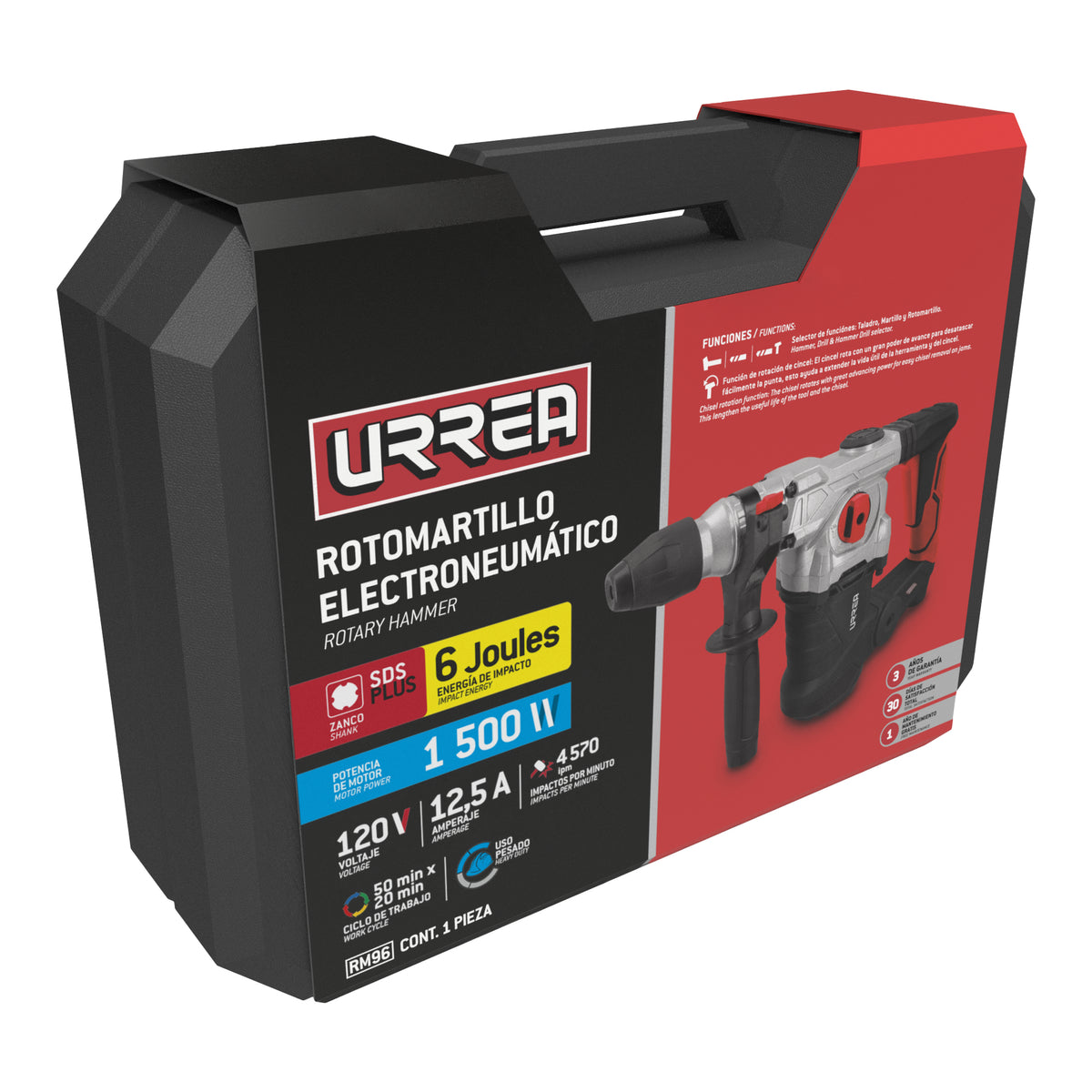 Rotomartillo electroneumático SDS Plus 1500 W, 120 V, 6J, 0-850 RPM Urrea