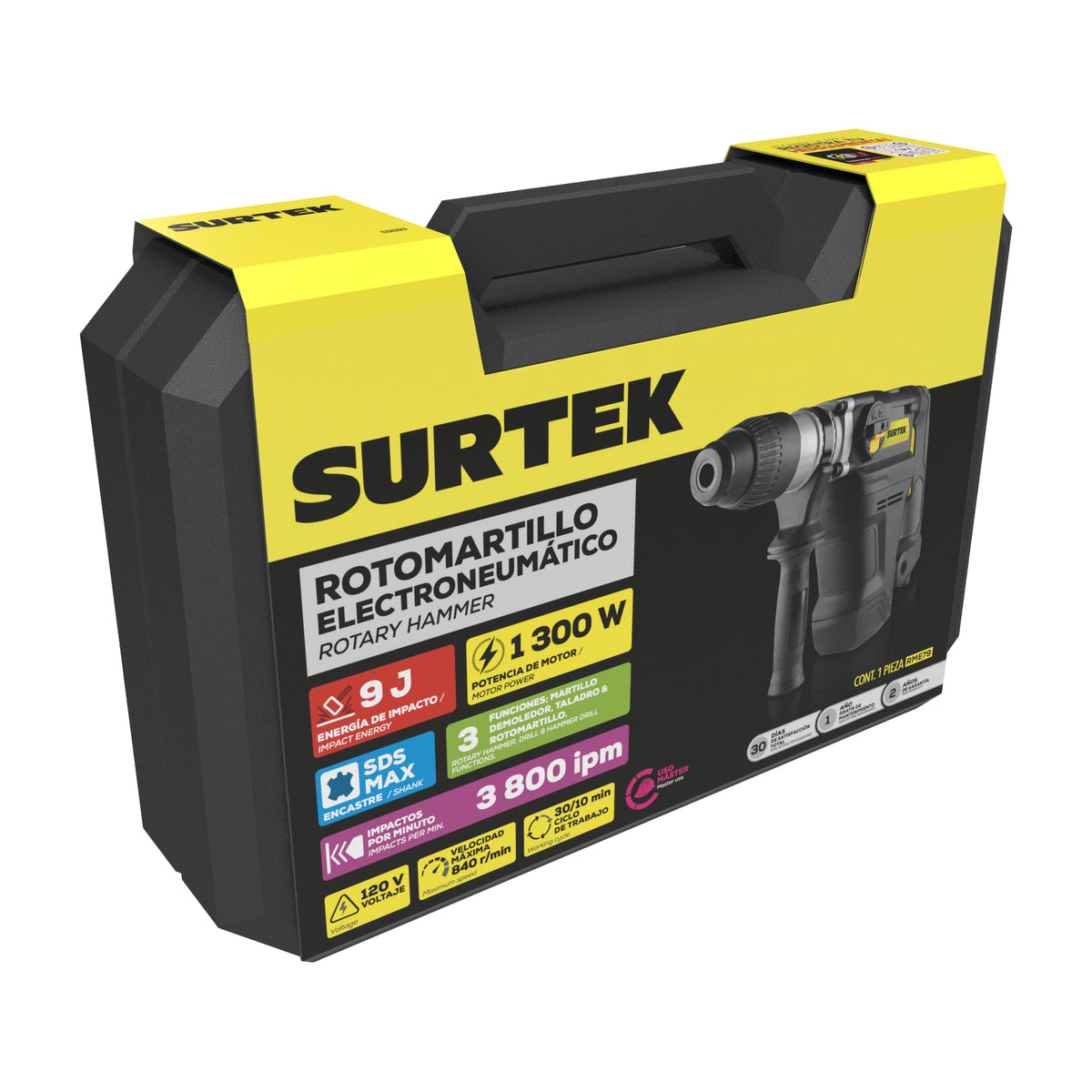 Rotomartillo electroneumático SDS Max 1300W, 120V, 9J, 4300RPM Surtek