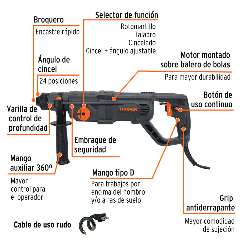 Rotomartillo Industrial Truper ROEL-30N2 SDS Plus 800W Mango D 3.5 Joules - Carzamo.com