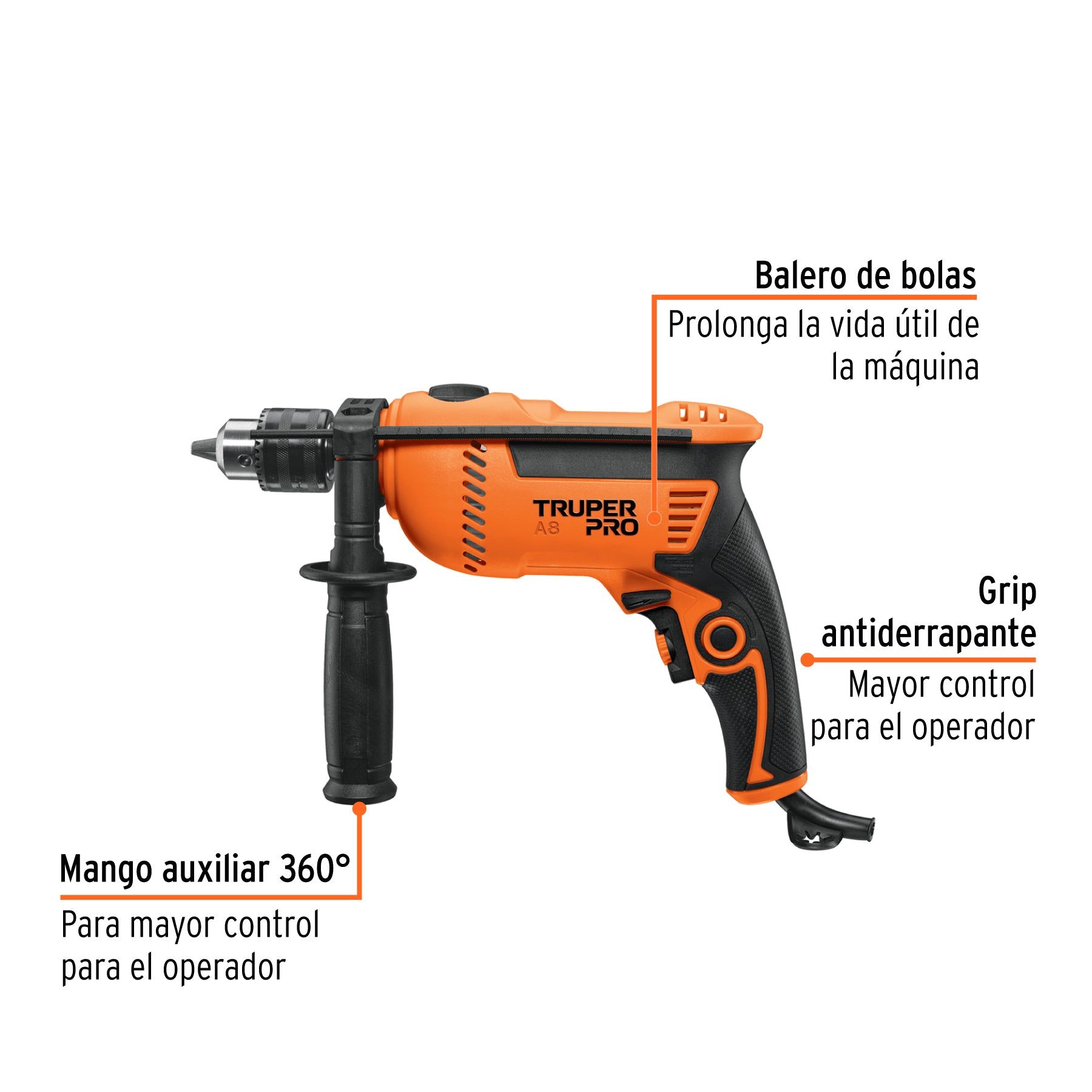 Rotomartillo TRUPER PRO ROTO-1/2A8 750W 1/2" Reversible con Velocidad Variable