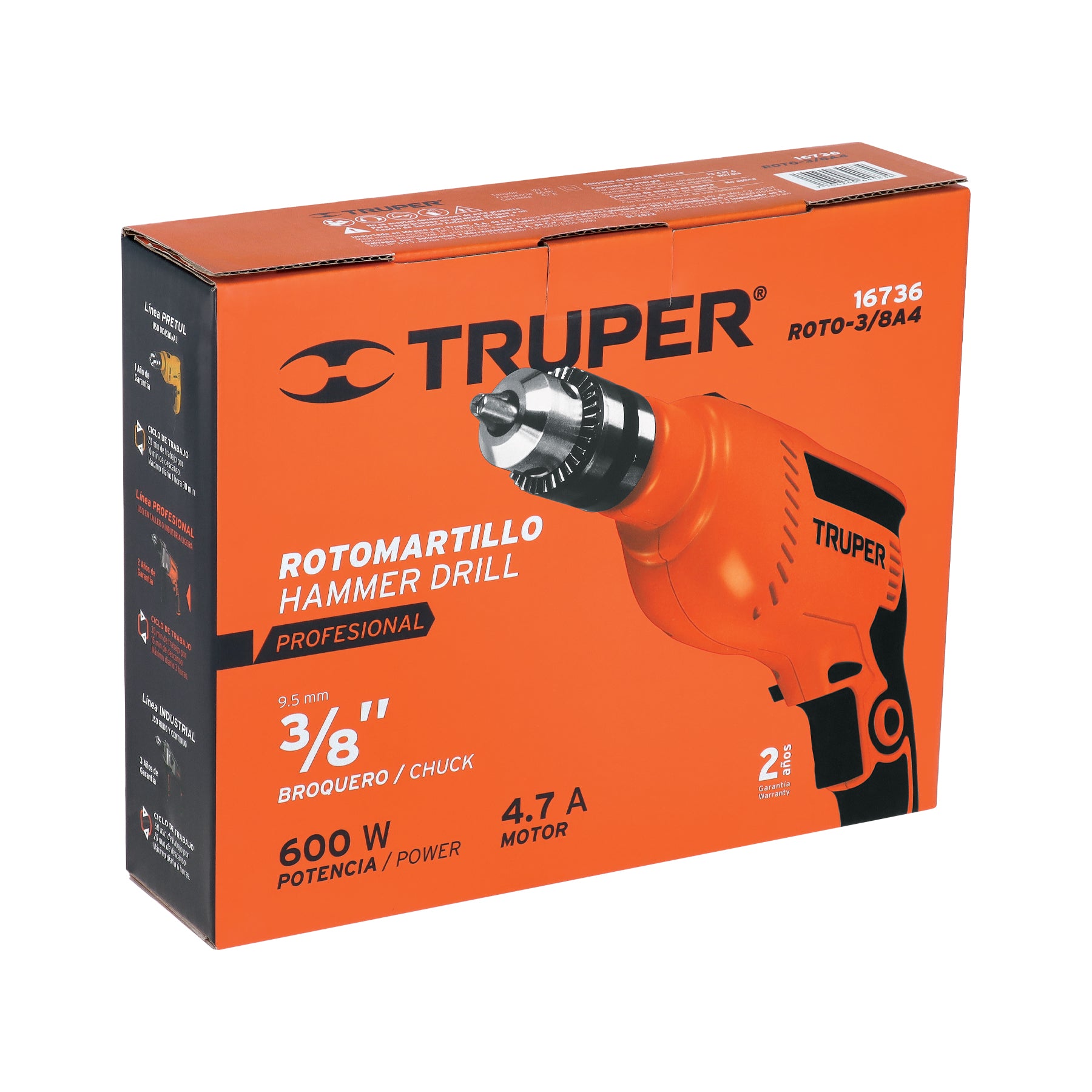 Rotomartillo TRUPER PRO ROTO-3/8A4 3/8" 600W con Velocidad Variable Reversible