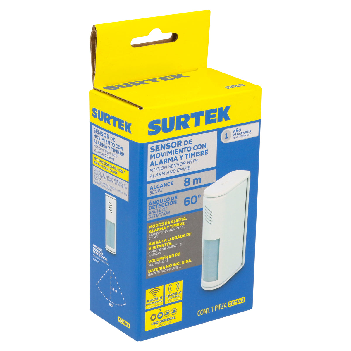 Sensor de movimiento con alarma, 8 m Surtek