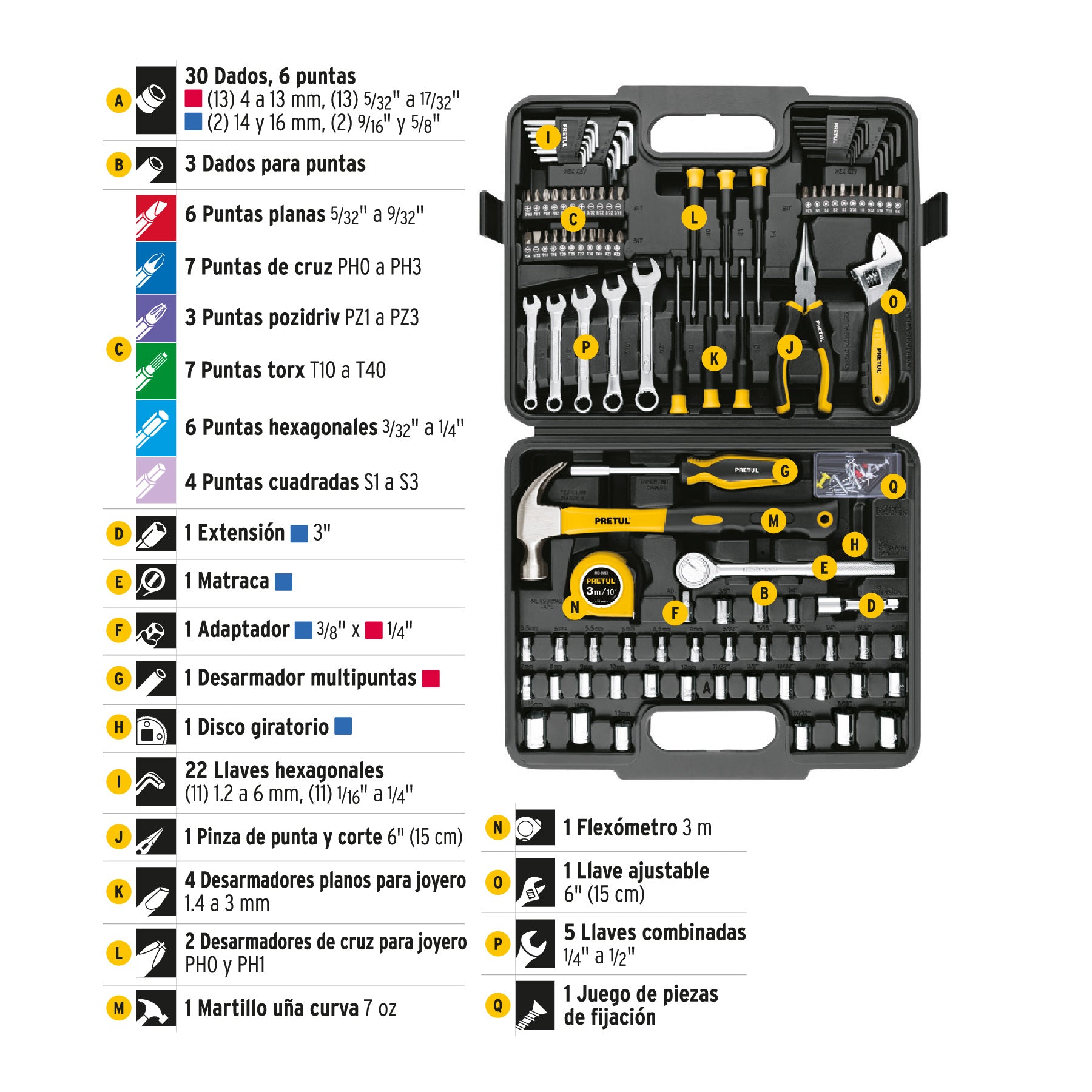 Pretul SET-109, Juego de herramientas con estuche, 109 piezas