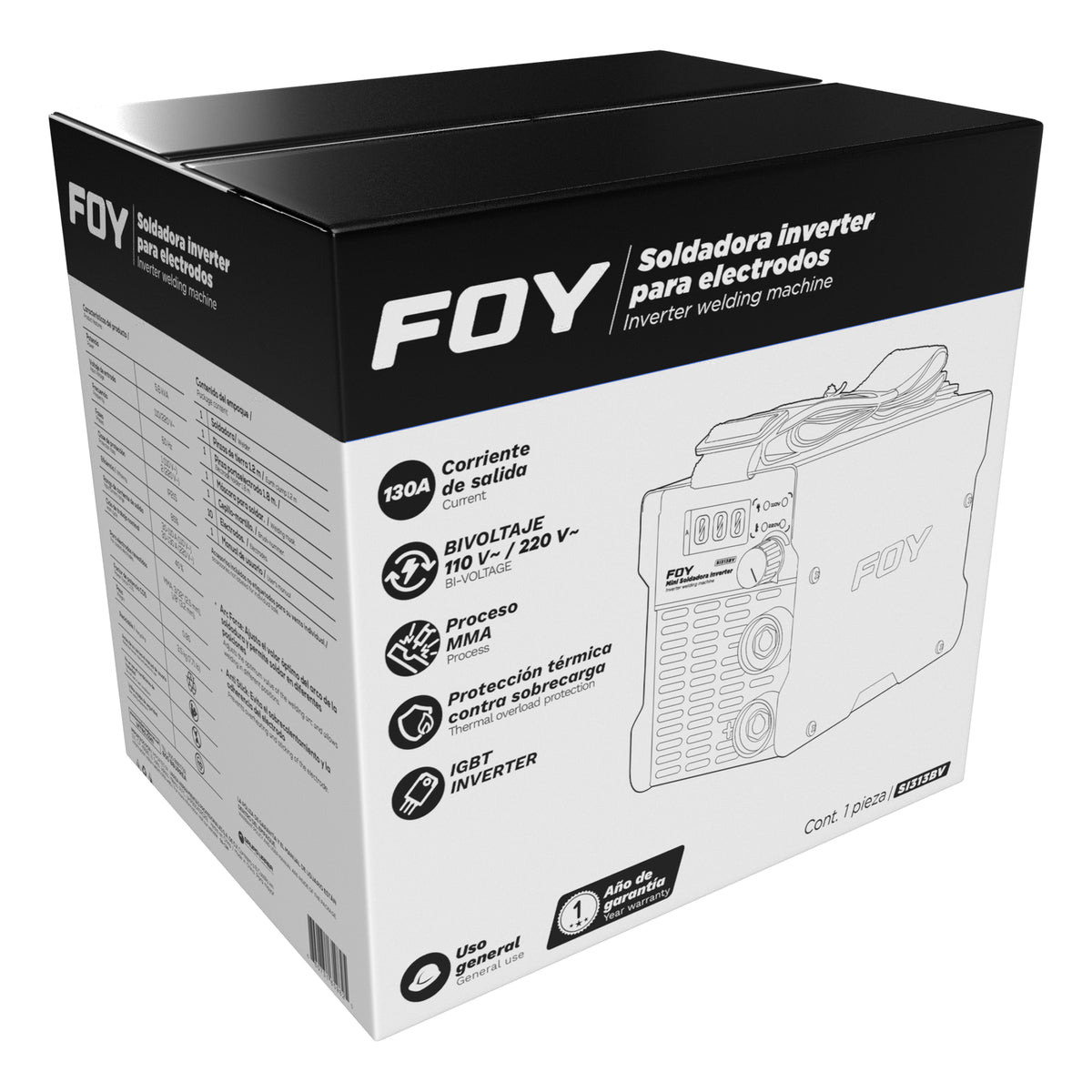 Soldadora inverter para electrodos de 1 fase bi voltaje 110-220 V, 130 A Foy