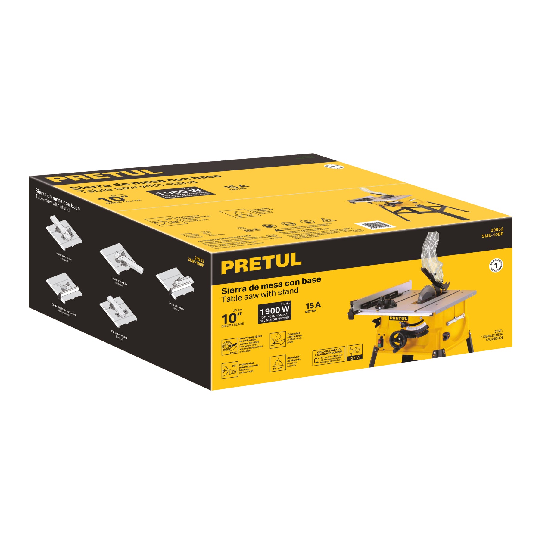 Sierra de mesa 10", 2-1/2 HP (1900 W), con base, PRETUL SME-10BP