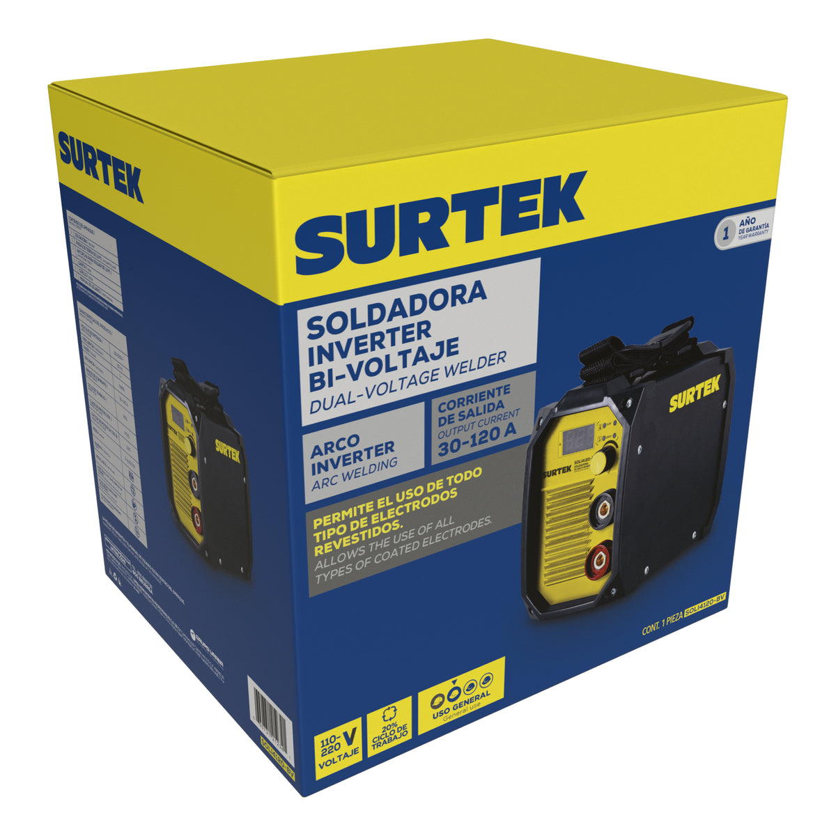 Soldadora inverter para electrodos de 1 fase bi voltaje 110 - 220 V, 120 A Surtek