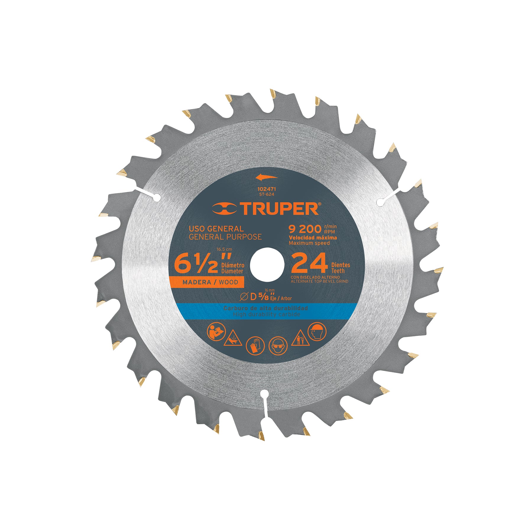 Truper ST-624, Disco sierra 6-1/2″ para madera, 24 dientes con centro 5/8″
