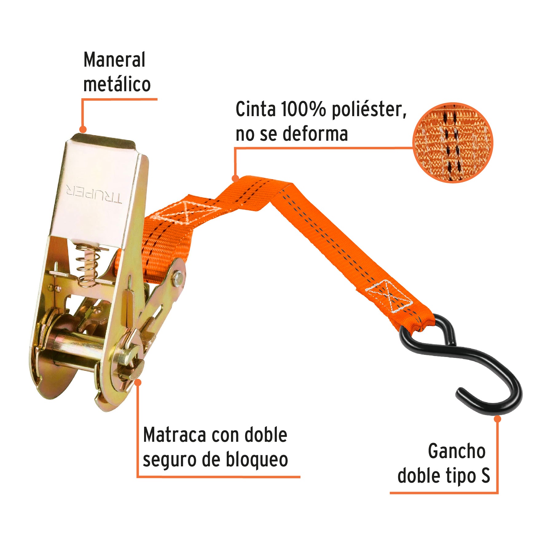 Truper SU-400R, Juego de 2 sujetadores con matraca carga máxima 400 kg maneral metálico gancho tipo S