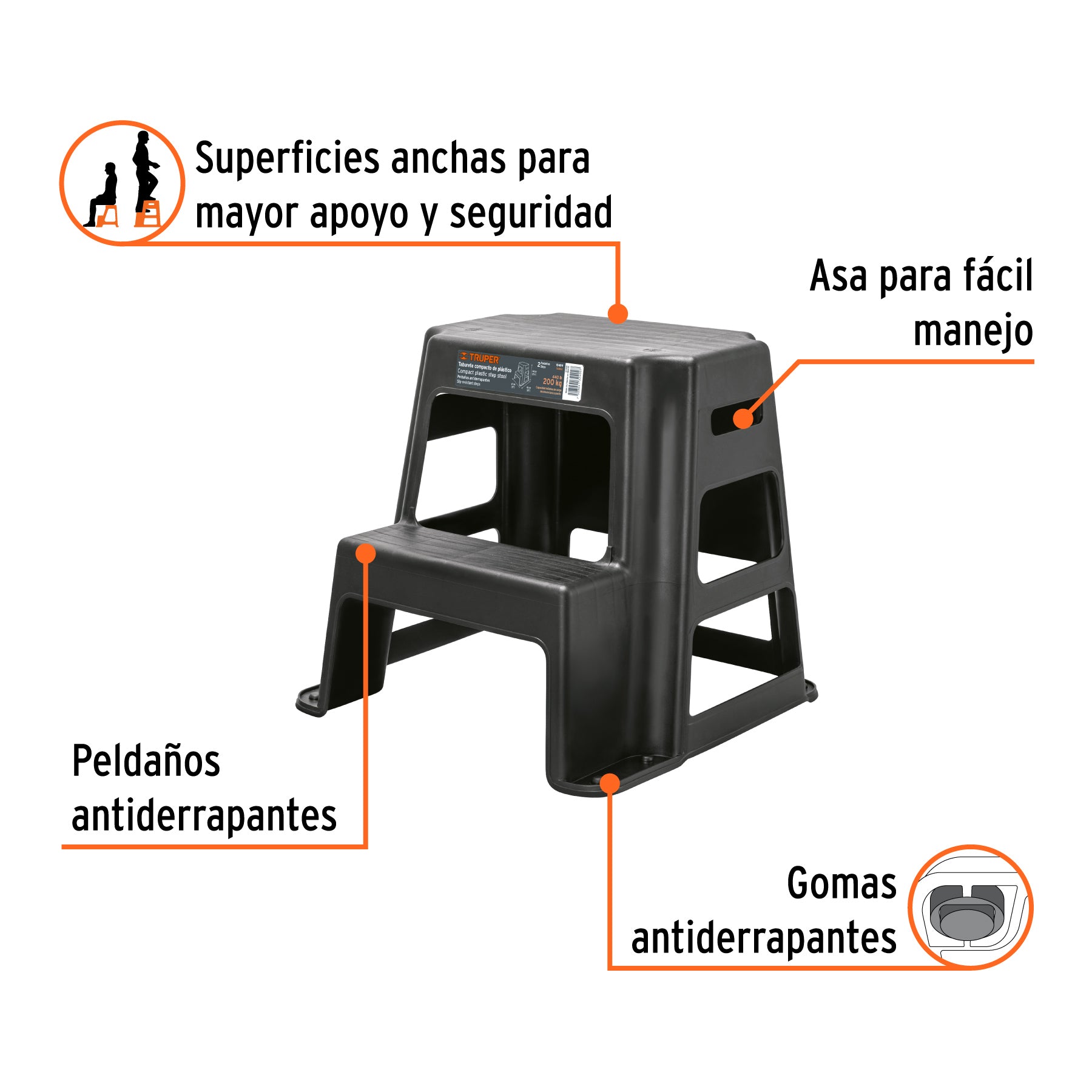 Truper TABU-2, Taburete de 2 escalones, Peldaños antiderrapantes