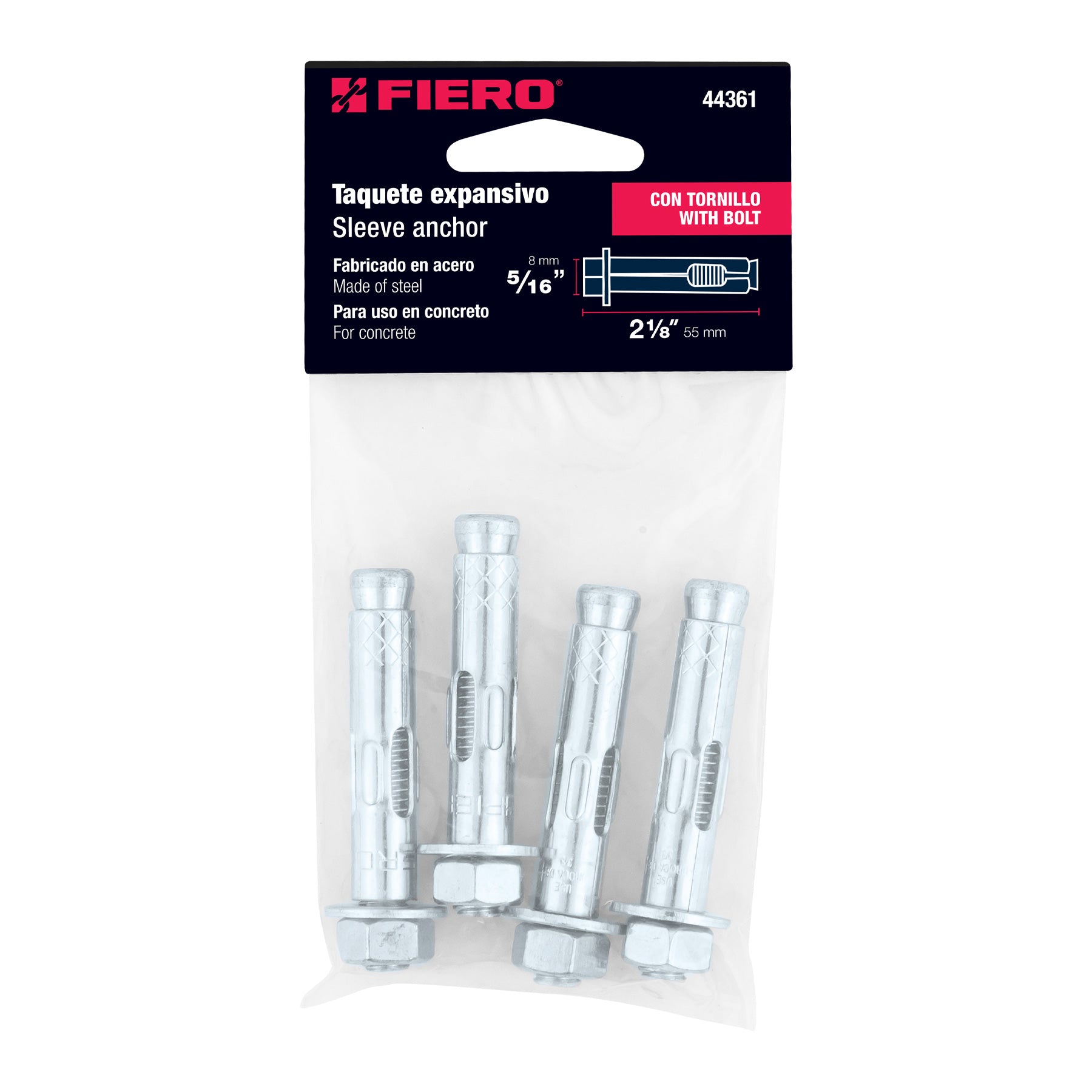 Fiero TAE-5/16T, Taquete de expansión, 5/16″, con tornillo, bolsa 4 pzas