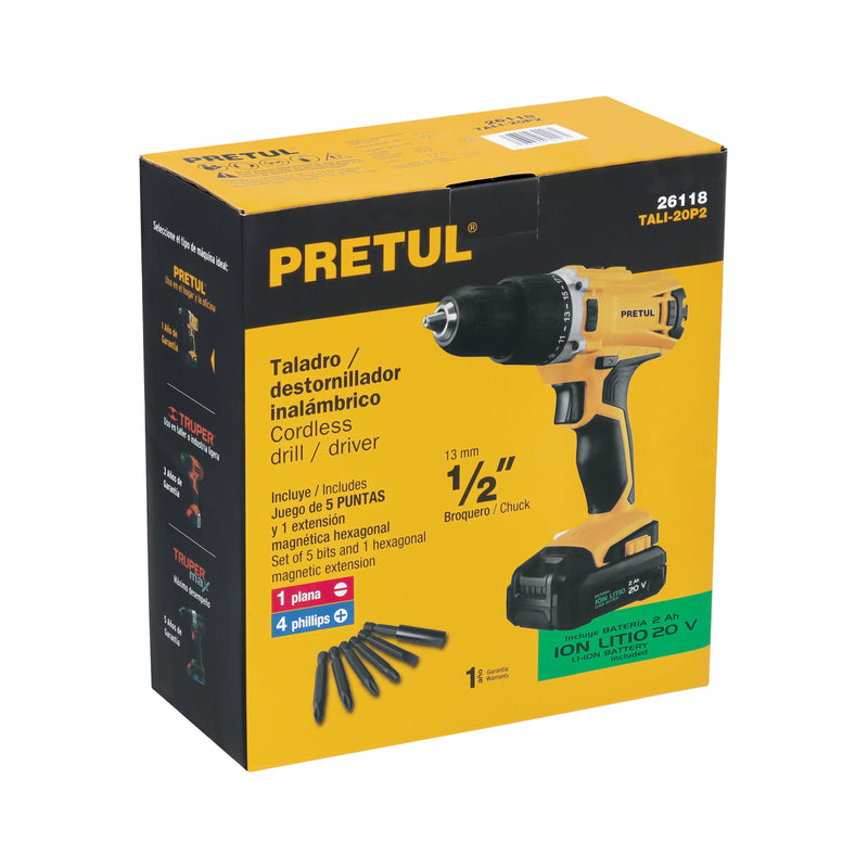 Taladro Inalámbrico 1/2" 20V con 1 Batería 2Ah Pretul TALI-20P2 - Carzamo.com