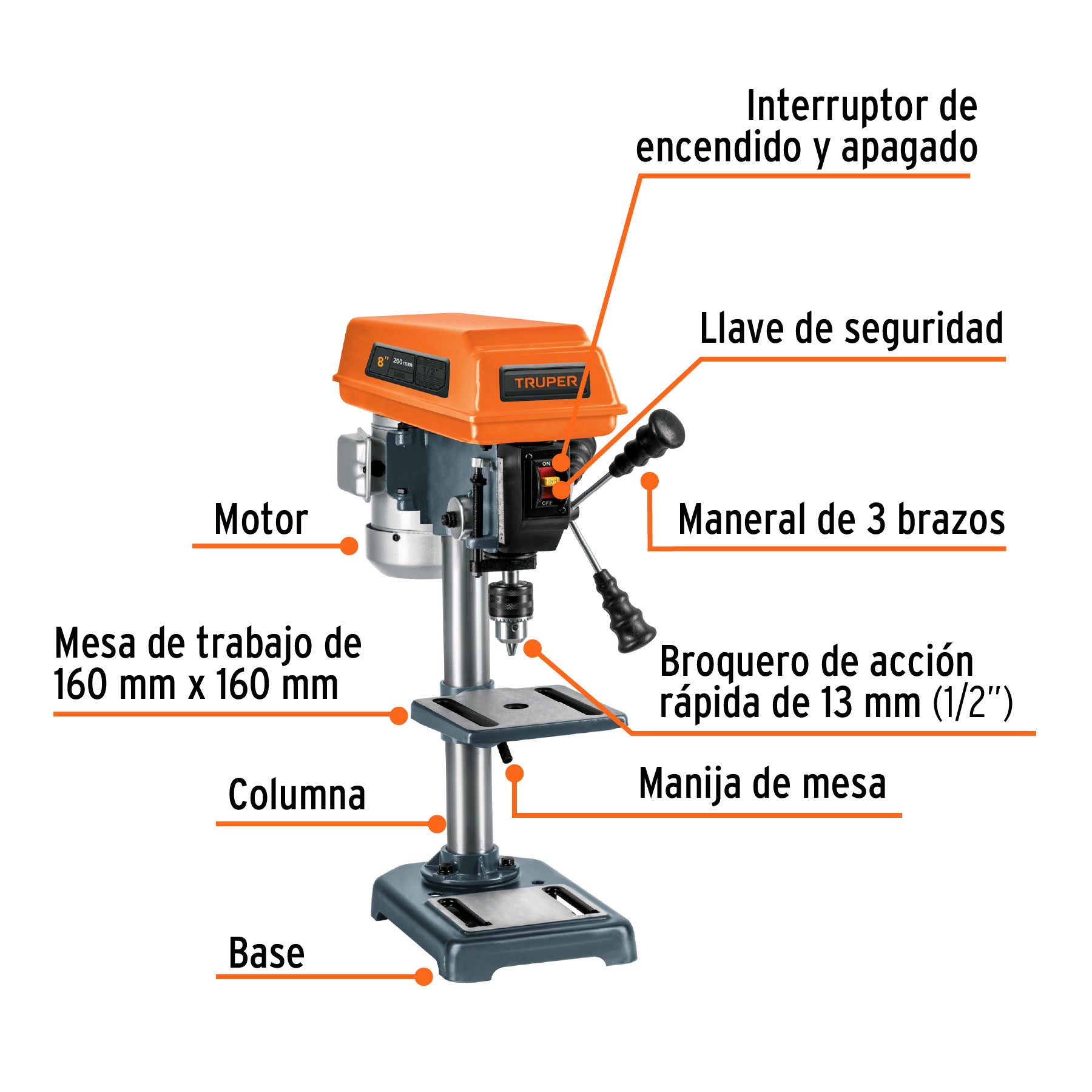 Taladro de piso 8", 1/3 HP (250 W), broquero 1/2", TRUPER TAPI-8