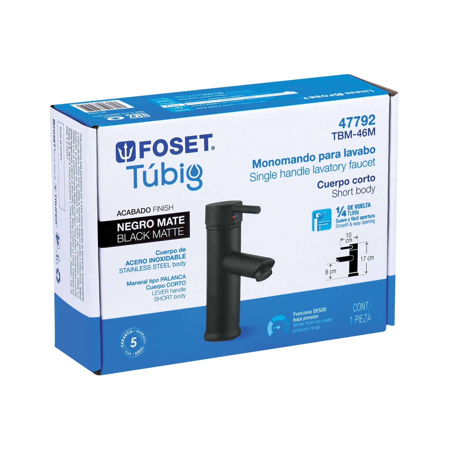 Monomando para Lavabo FOSET TÚBIG TBM-46M Corto Negro de Cuerpo Metálico
