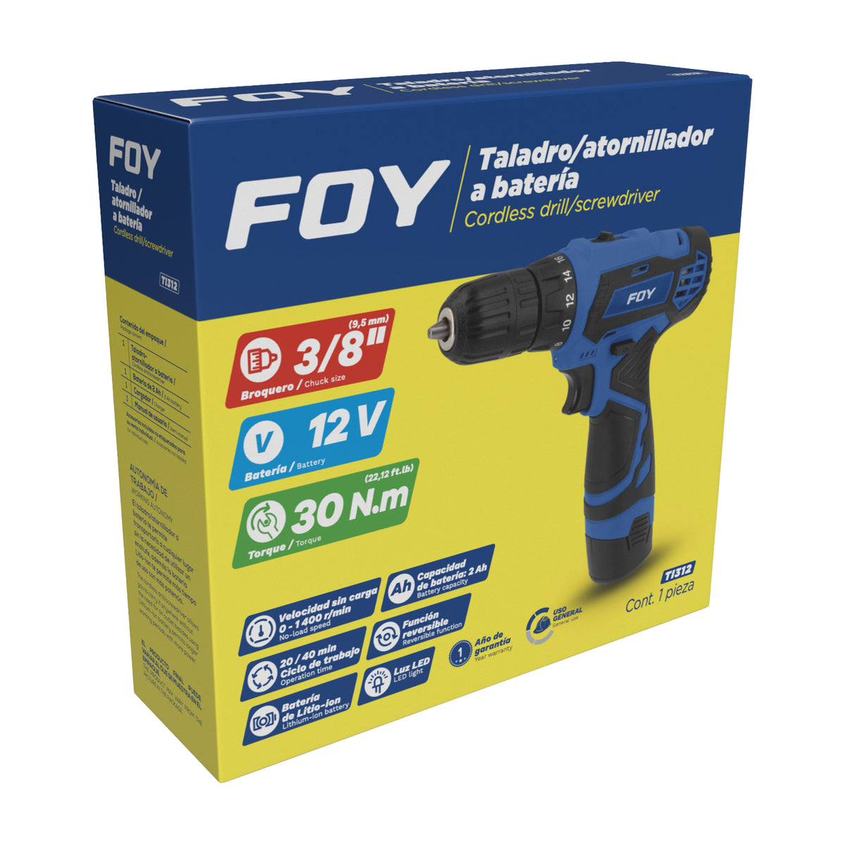 Taladro/atornillador 3/8" batería de Litio-ion 12 V, 30 Nm Foy