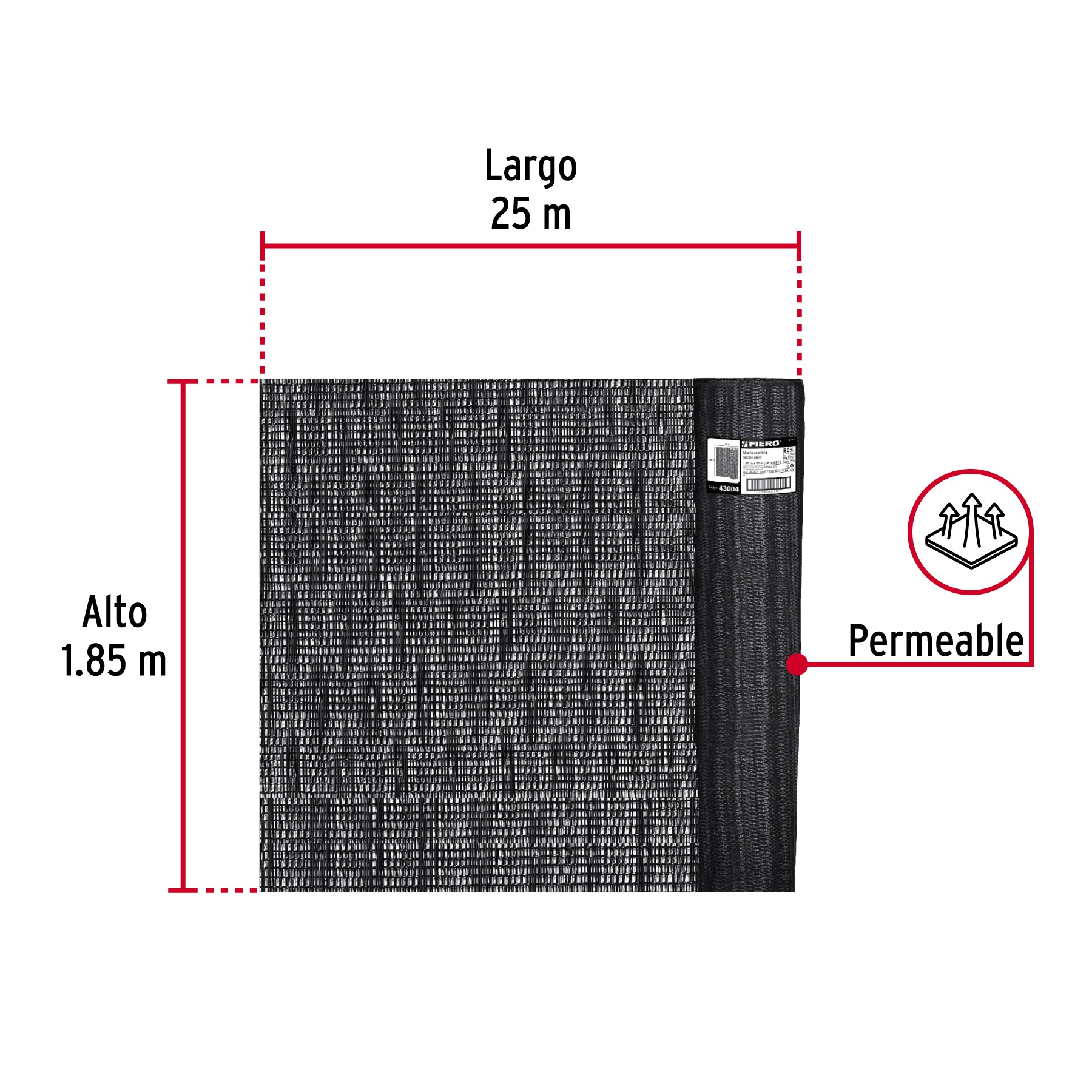 Fiero TOSO-8025, Rollo de toldo sombra 80% de 25 m x 1.85 m