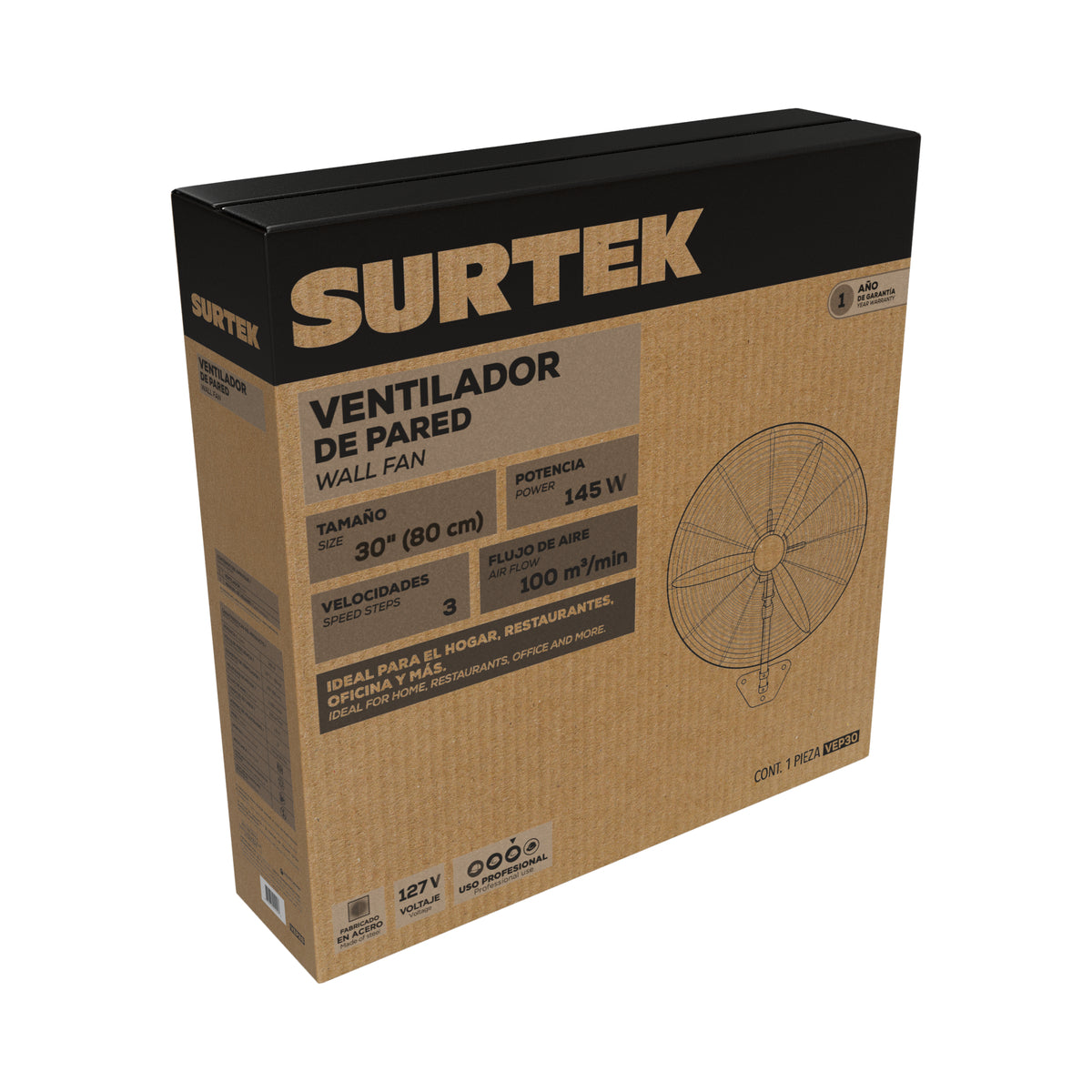 Ventilador de pared 3 velocidades, 30" Surtek