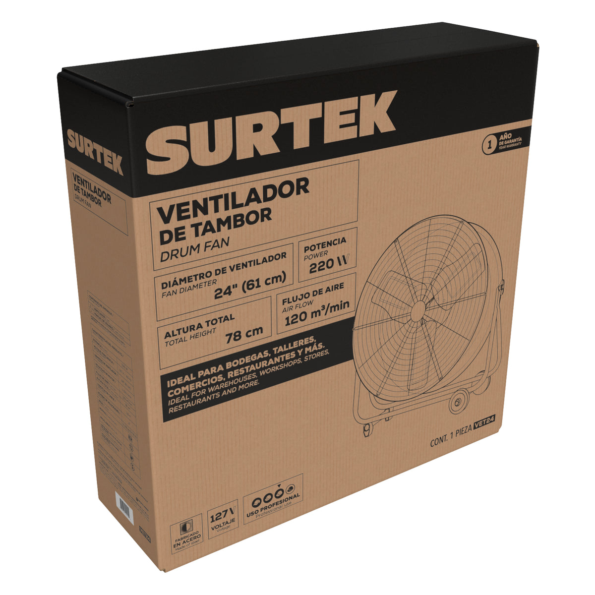 Ventilador de tambor 2 velocidades, 24" Surtek