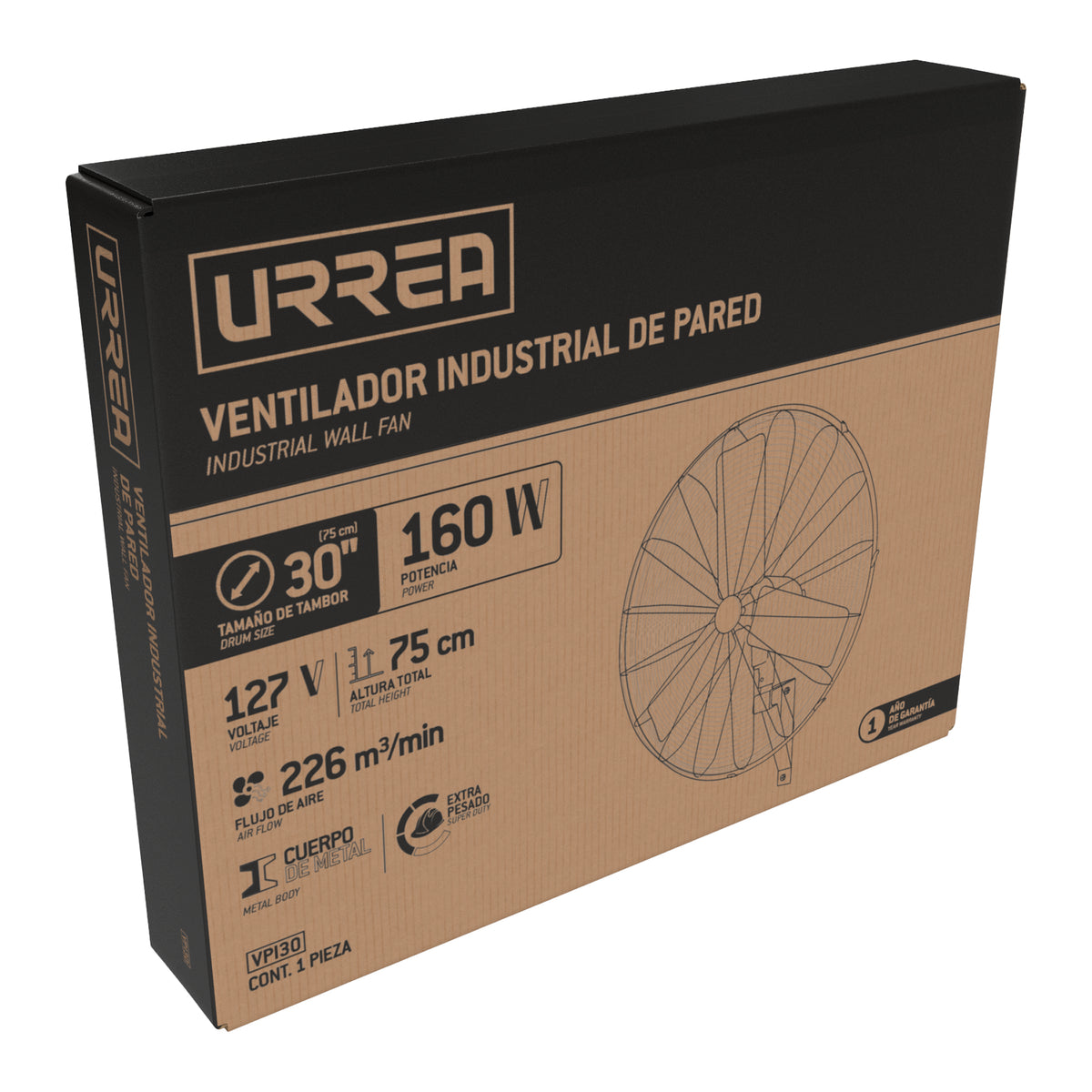 Ventilador de pared industrial 3 velocidades, 30" Urrea