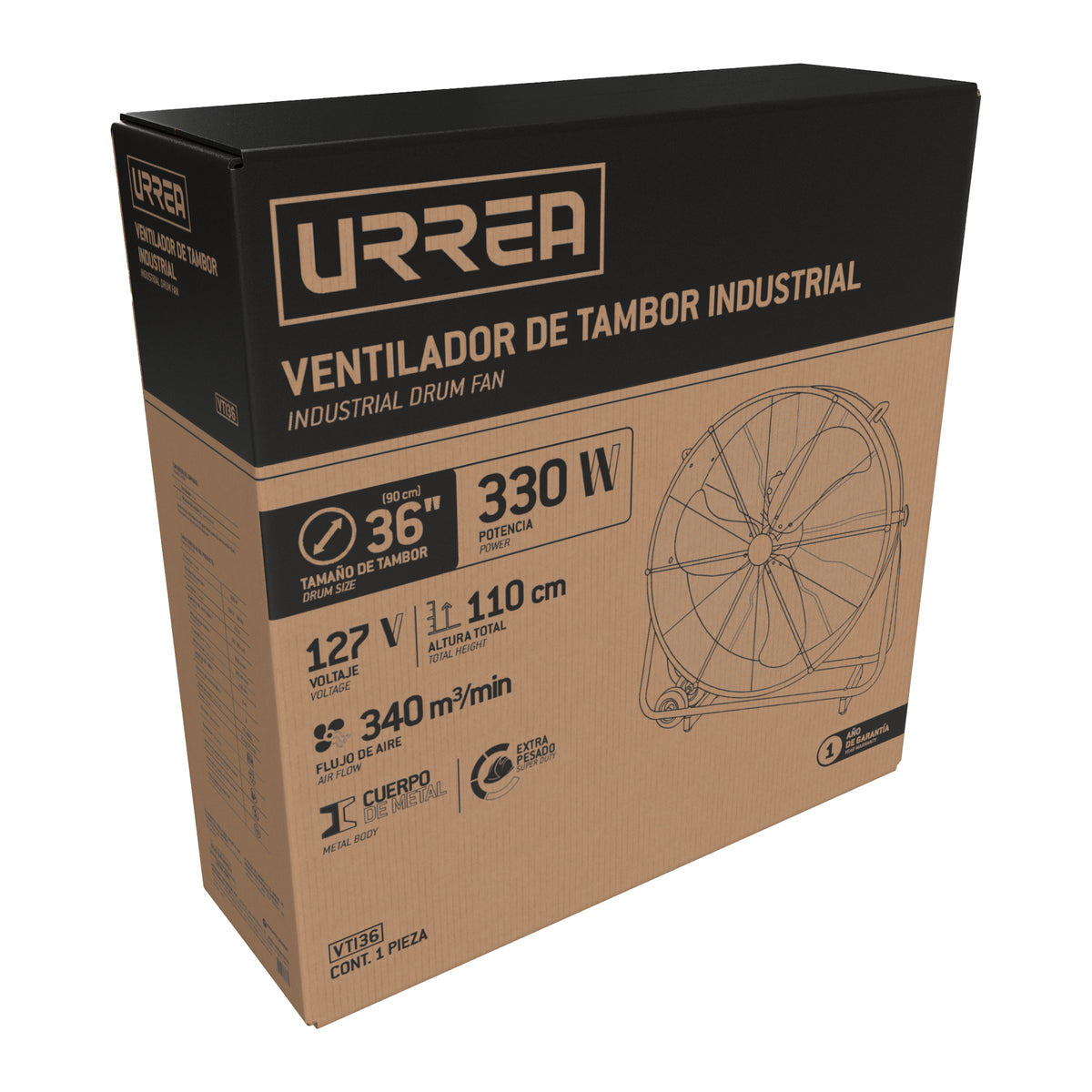 Ventilador de tambor industrial 3 velocidades, 36" Urrea