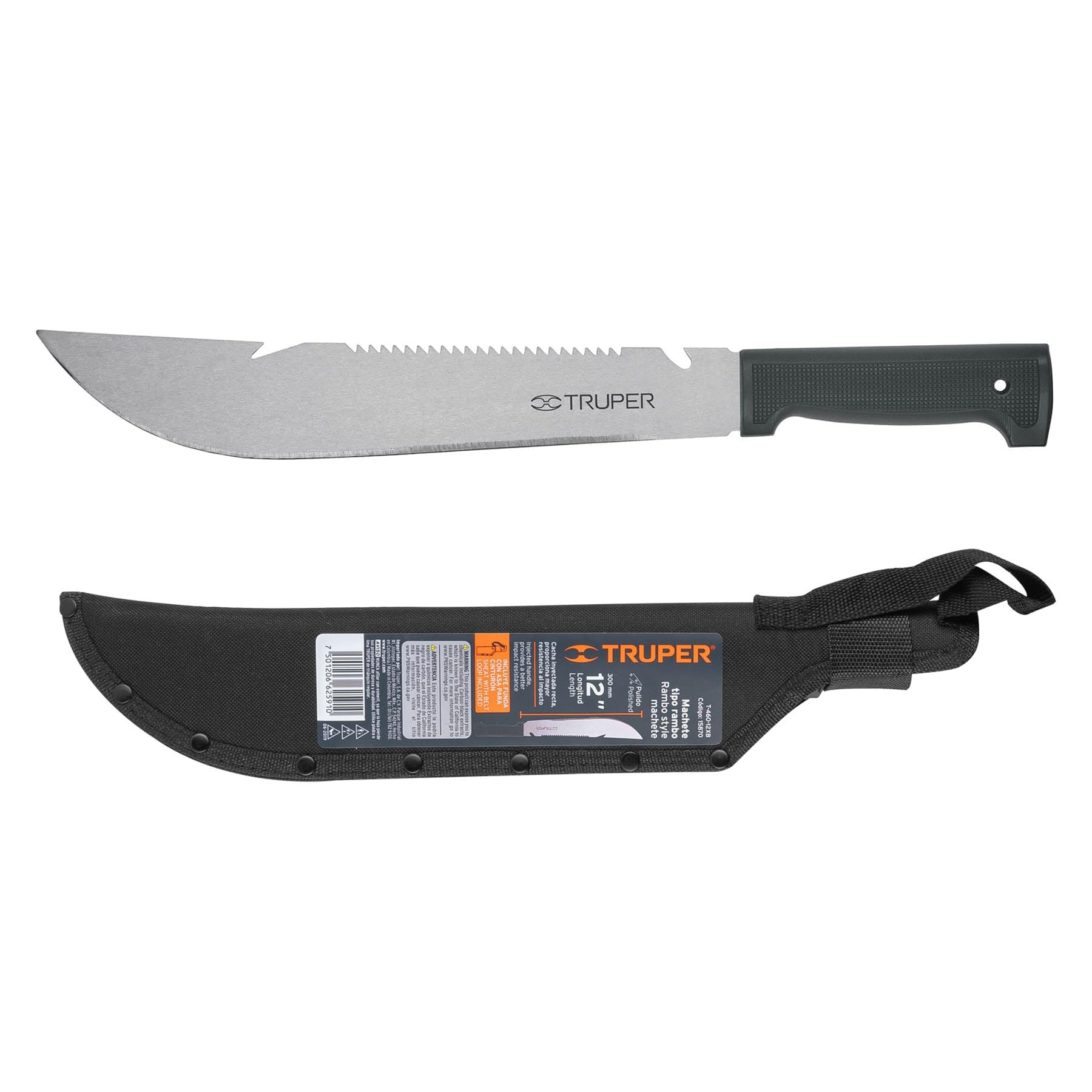 Truper T-460-12XB, Machete rambo 12″ cacha inyectada negra con funda remachada