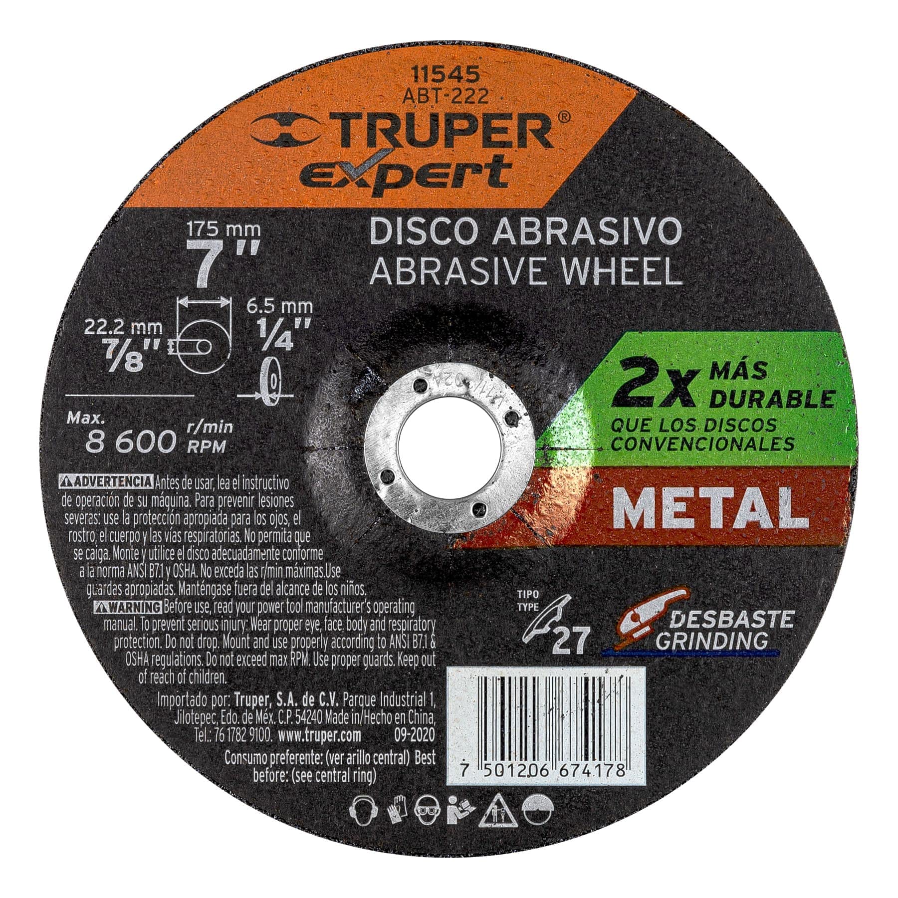 Truper ABT-222, Disco abrasivo para desbaste de metal, alto rendimiento, 6.4 mm, 7″, 1 pieza