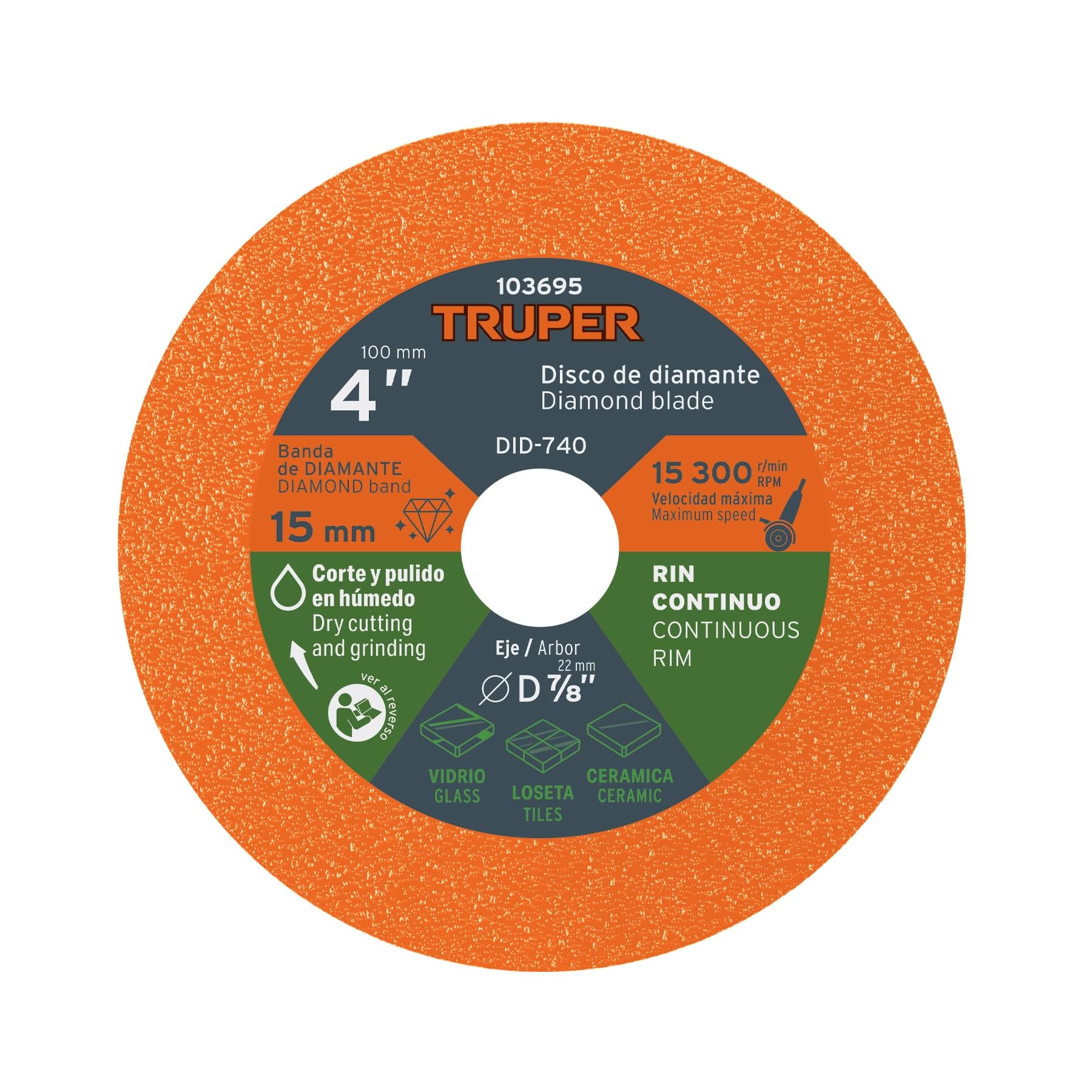 Truper DID-740 Disco diamante 4" corte vidrio