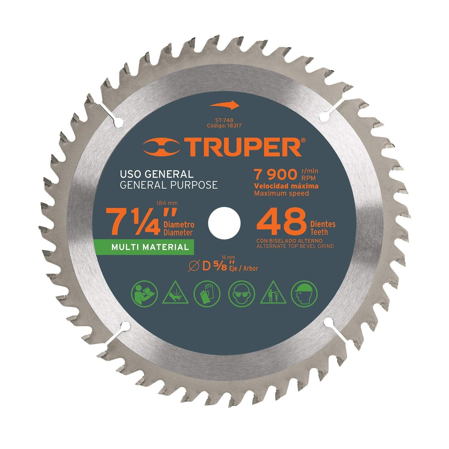 Truper ST-748, Disco sierra p/plástico 7-1/4″, 48 dientes, centro 5/8″