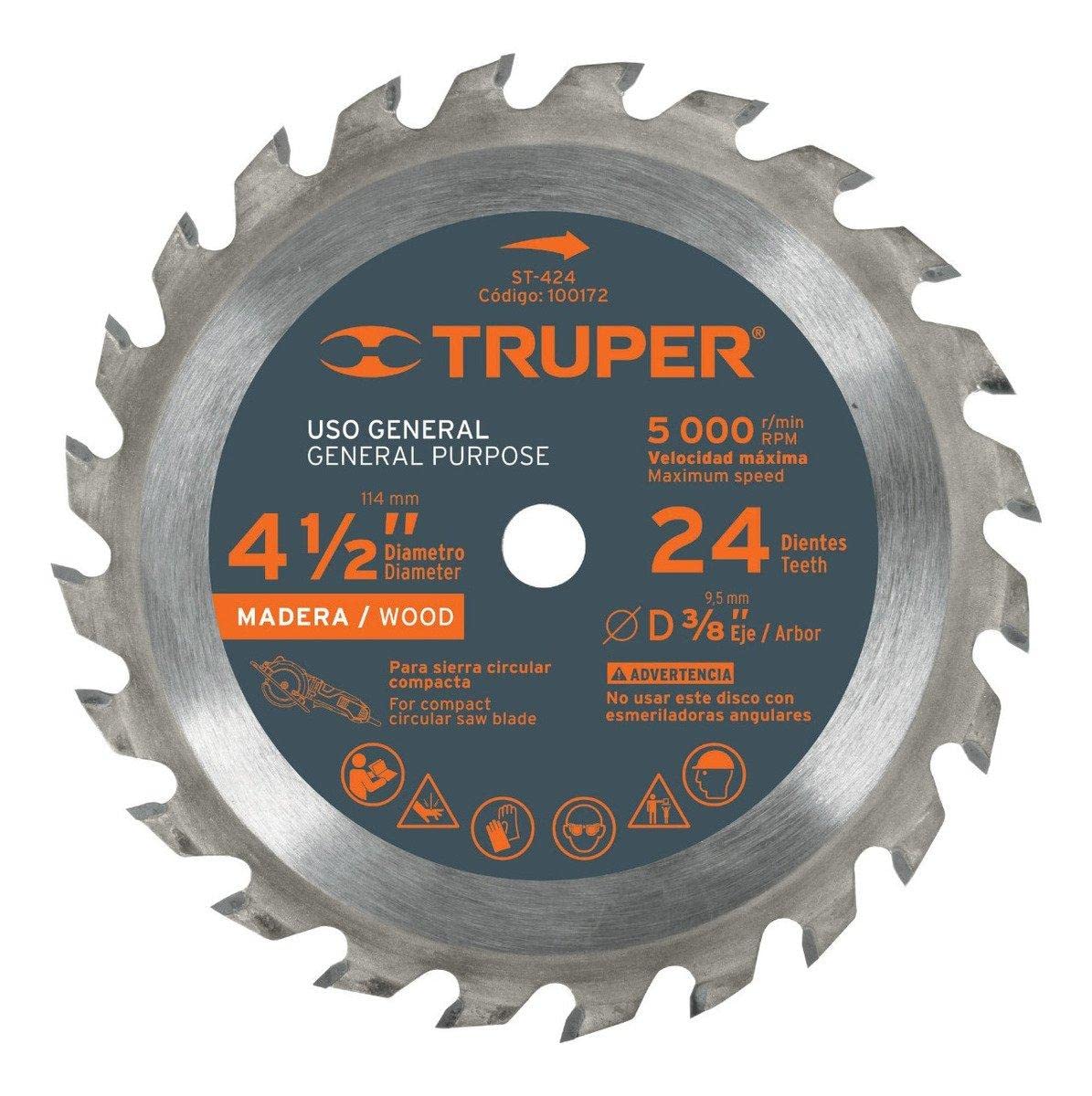 Truper ST-424 Disco sierra p/madera 4-1/2', 24 dientes, centro 3/8