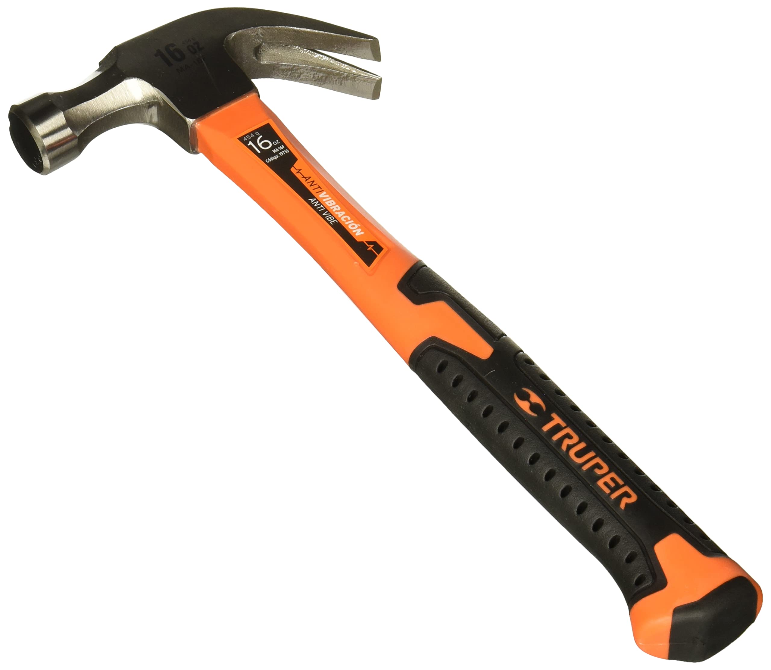 Truper MA-16F, Martillo pulido, uña curva 16 oz, mango de fibra de vidrio