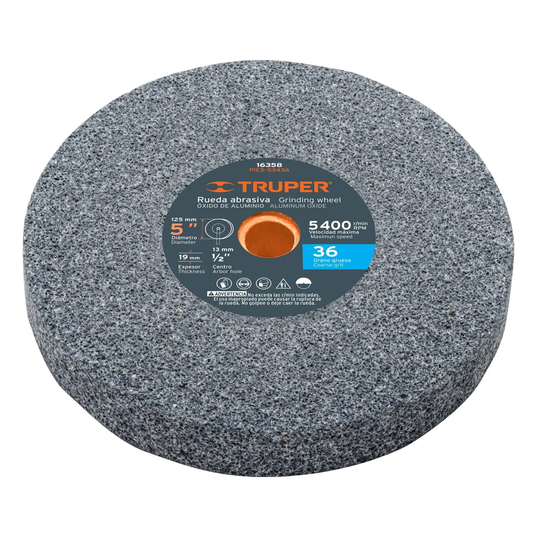 Truper PIES-53436, Piedra para esmeril, óxido de aluminio 5″, grano 36, espesor 3/4″, barreno 1/2″